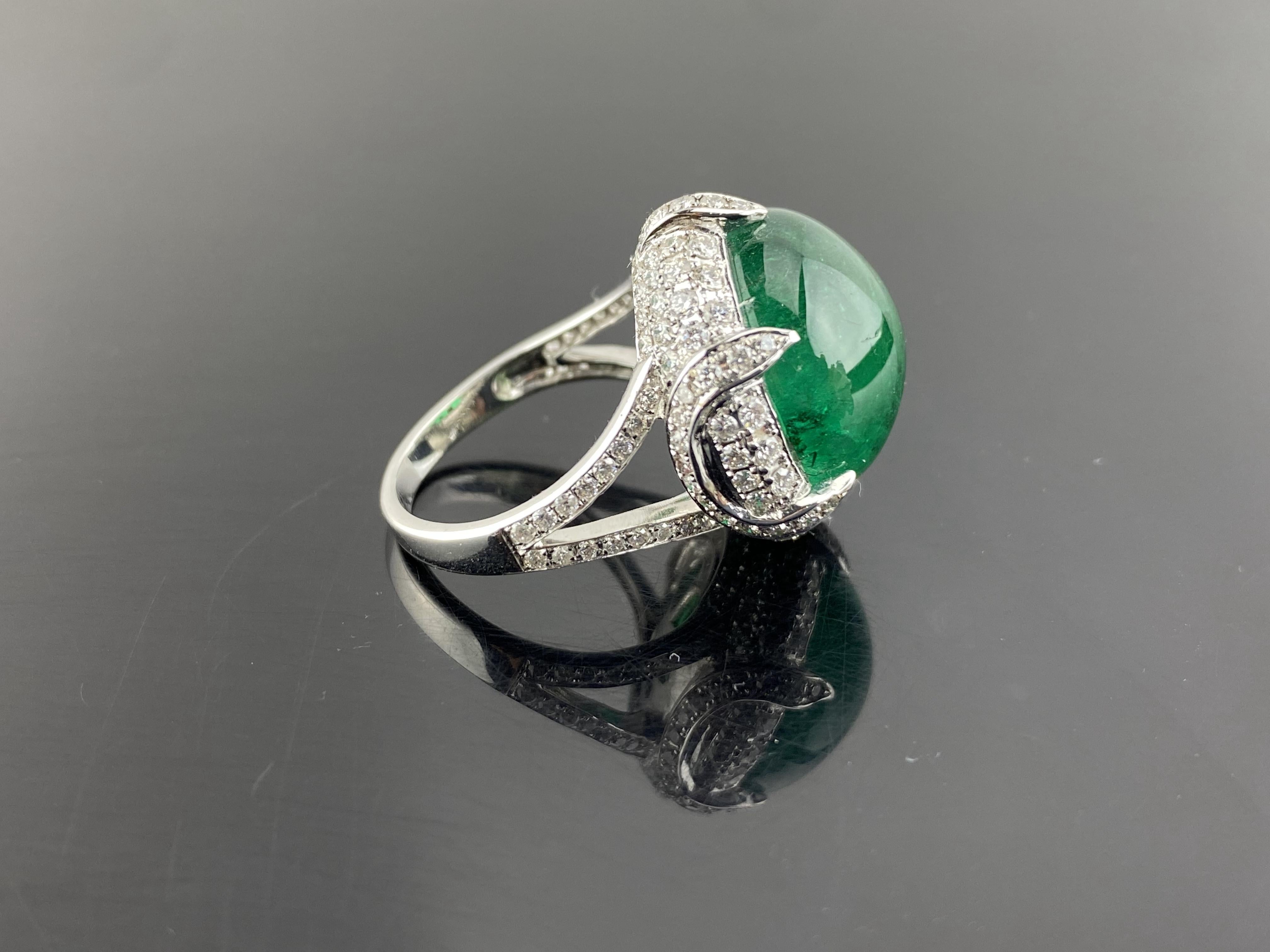 Modern Certified 17.30 Carat Cabochon Emerald and Diamond Cocktail Engagement Ring For Sale