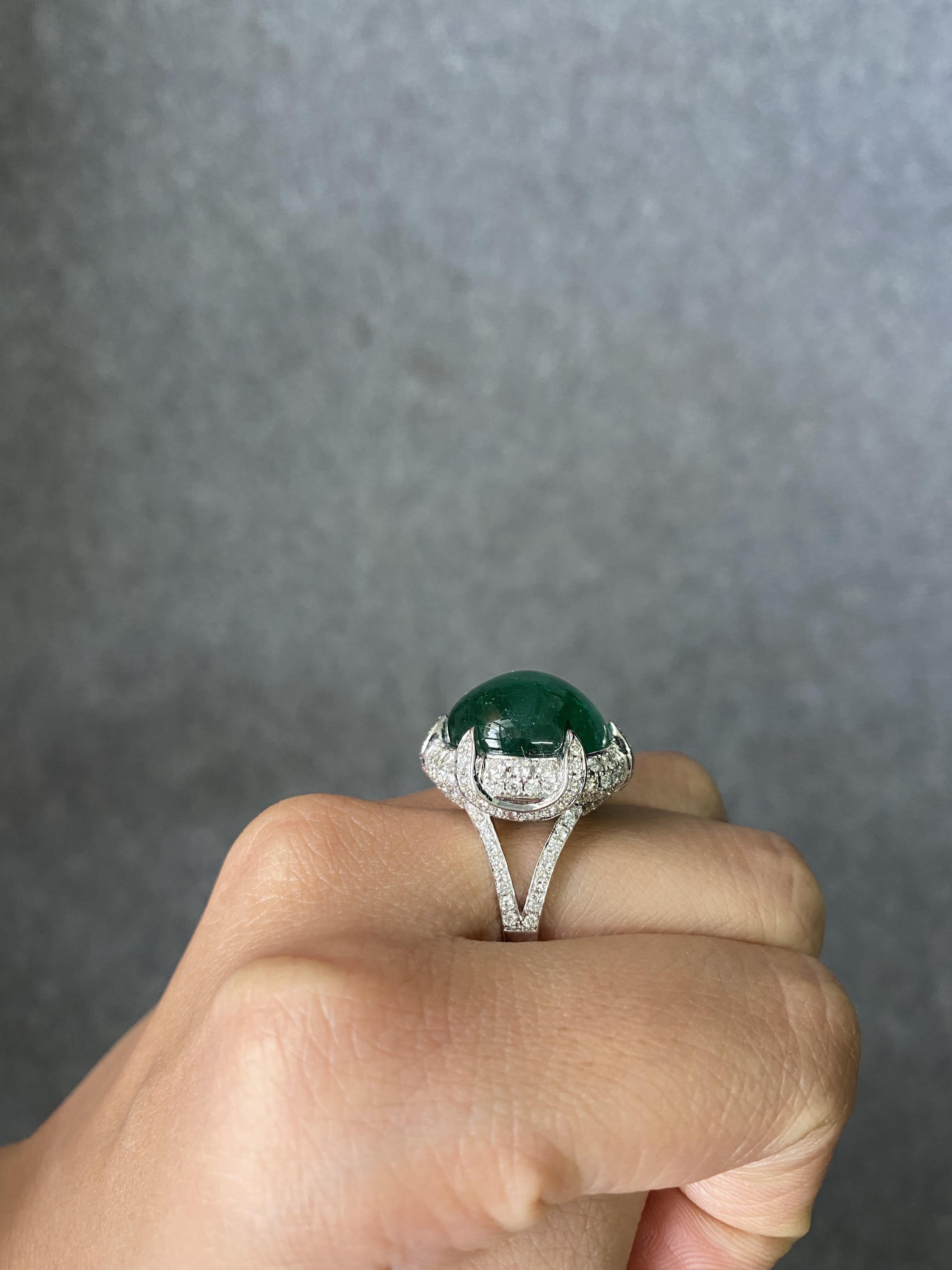 Certified 17.30 Carat Cabochon Emerald and Diamond Cocktail Engagement Ring For Sale 3