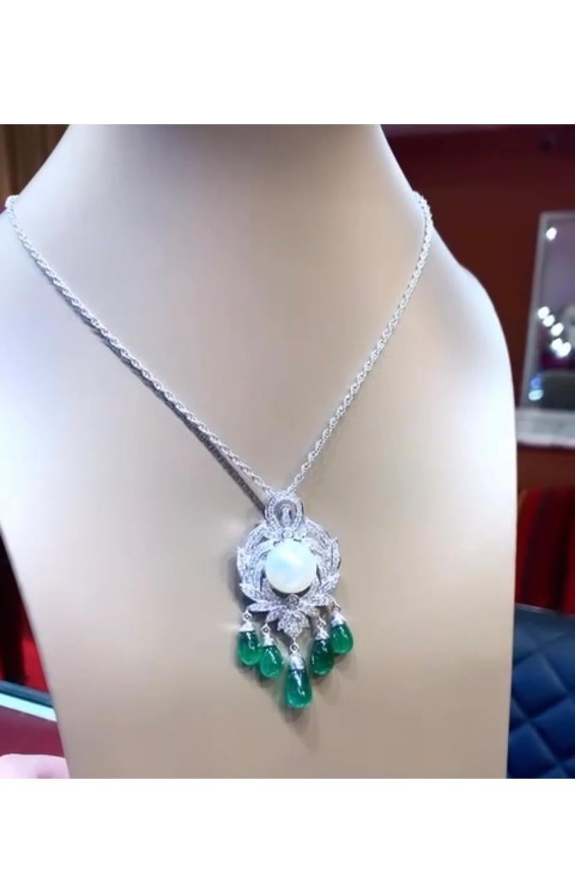 Art Deco Certified 17..30 Ct of Zambia Emeralds, Diamonds and South Sea Pearl on Pendant For Sale