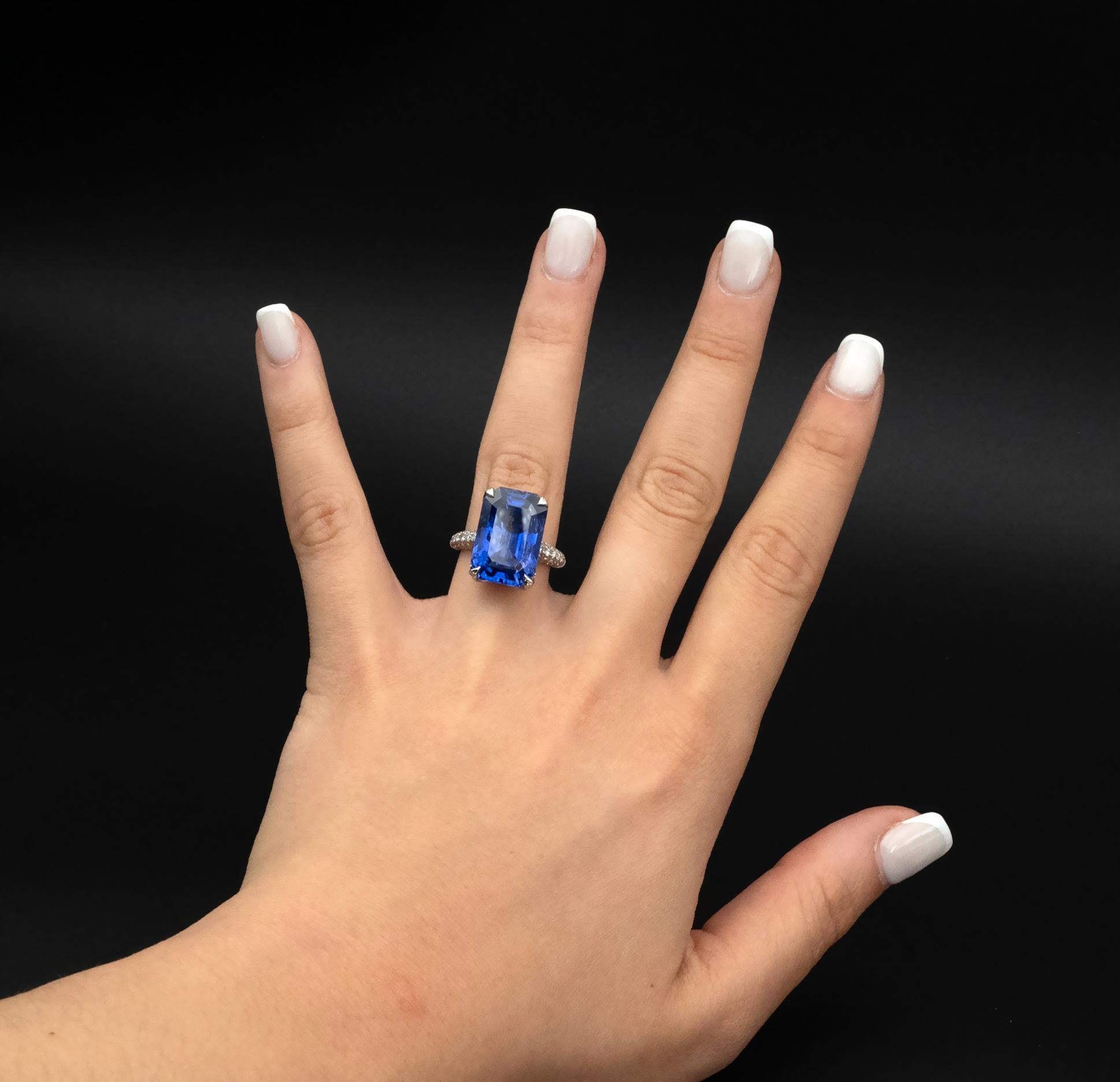 This exquisite cocktail ring showcases at its center a natural, unheated sapphire from Ceylon, weighing 17.67 carats. Its unique octagonal, emerald cut is rare for its size, enhancing the gemstone's allure. The sapphire's authenticity is certified
