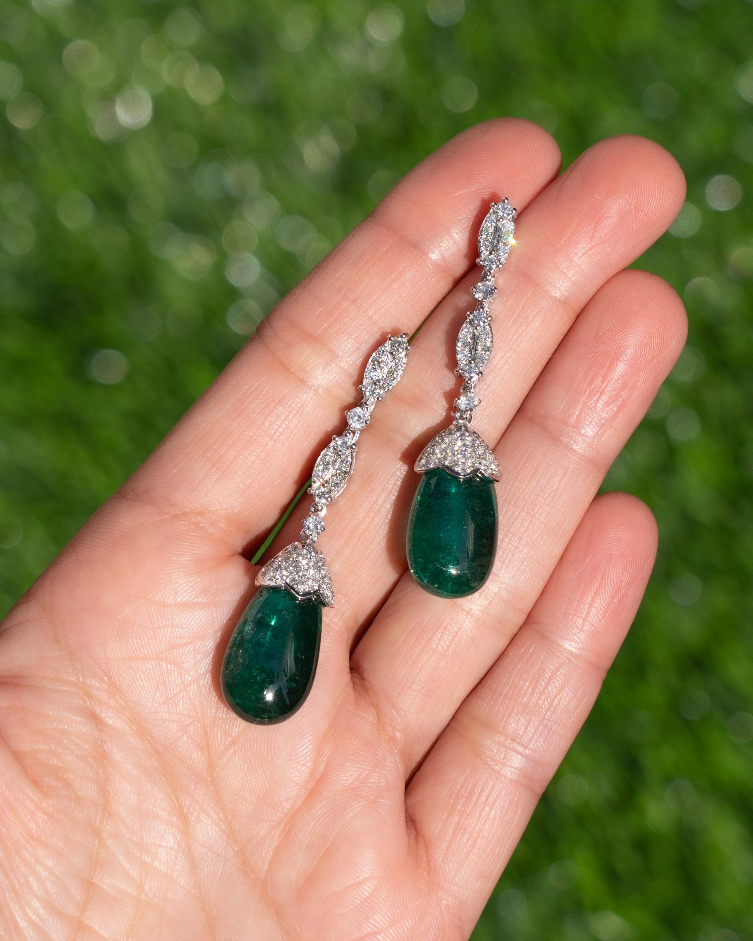 Cabochon 29 Carat Emerald and Diamond Drop Earrings For Sale