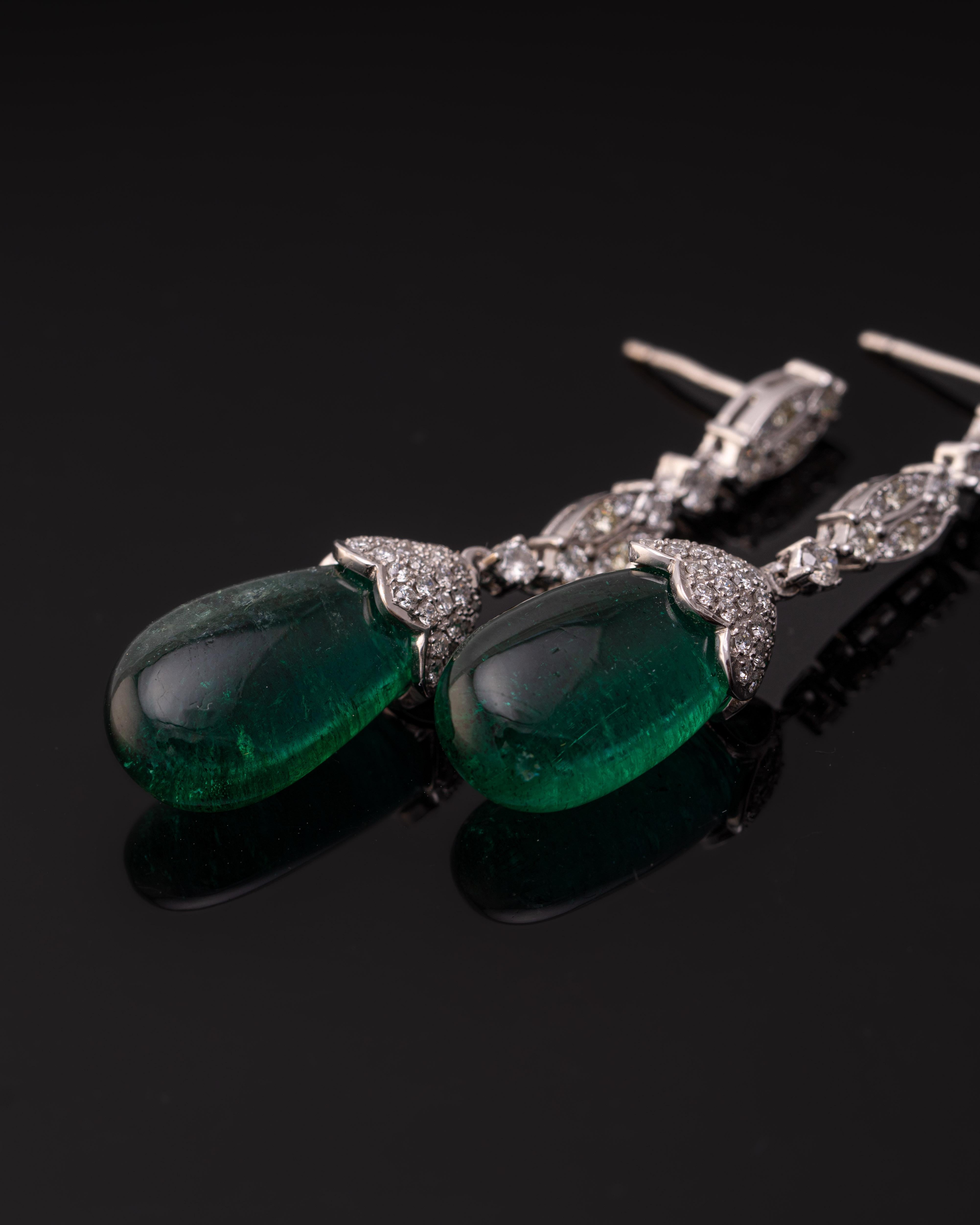 Women's 29 Carat Emerald and Diamond Drop Earrings For Sale