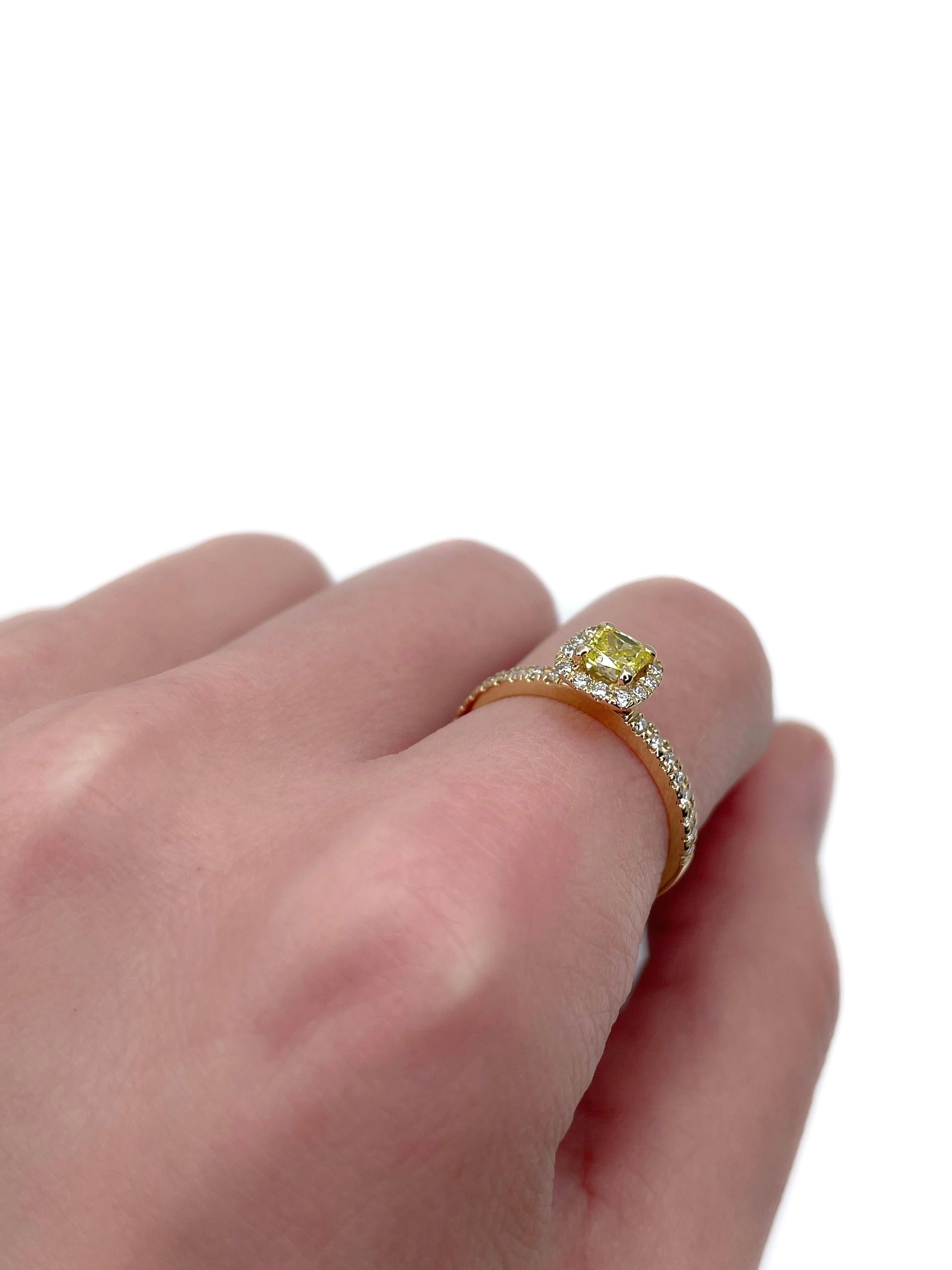 Modern Certified 18 Karat Gold 0.40 Carat Fancy Yellow Diamond Engagement Ring
