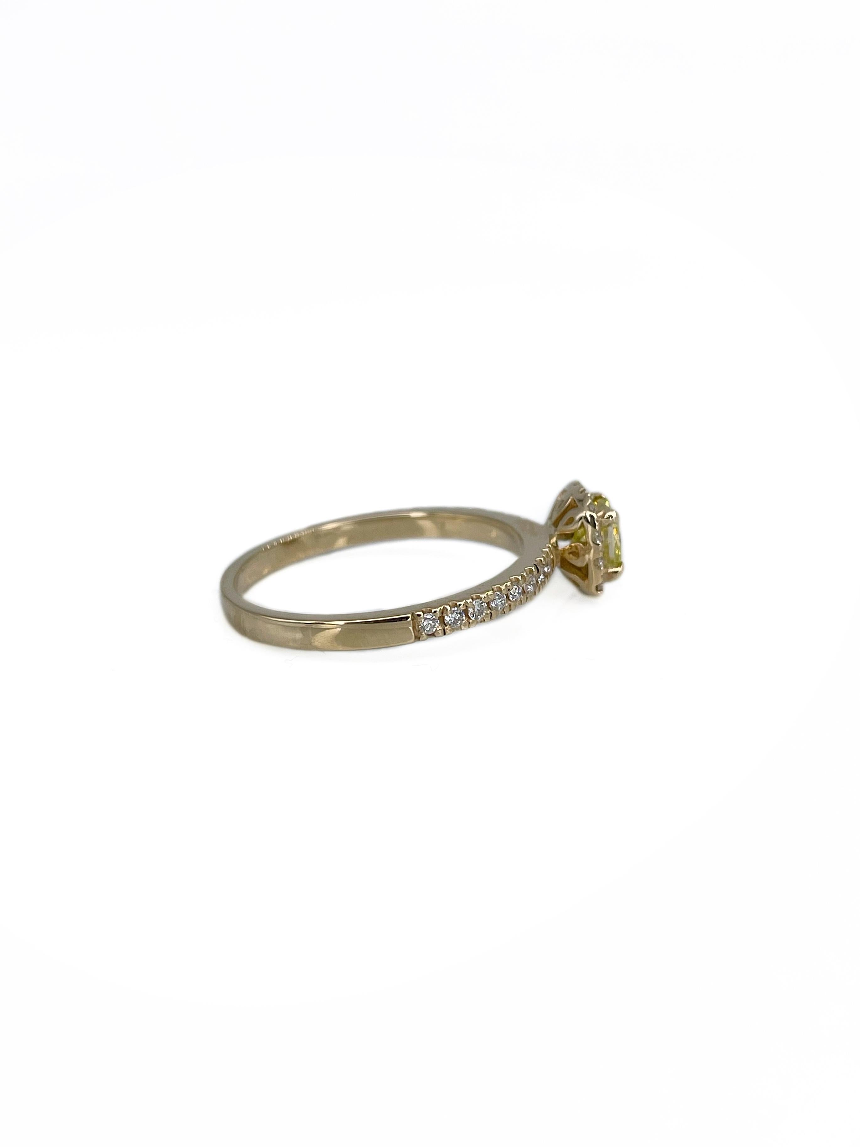 Cushion Cut Certified 18 Karat Gold 0.40 Carat Fancy Yellow Diamond Engagement Ring