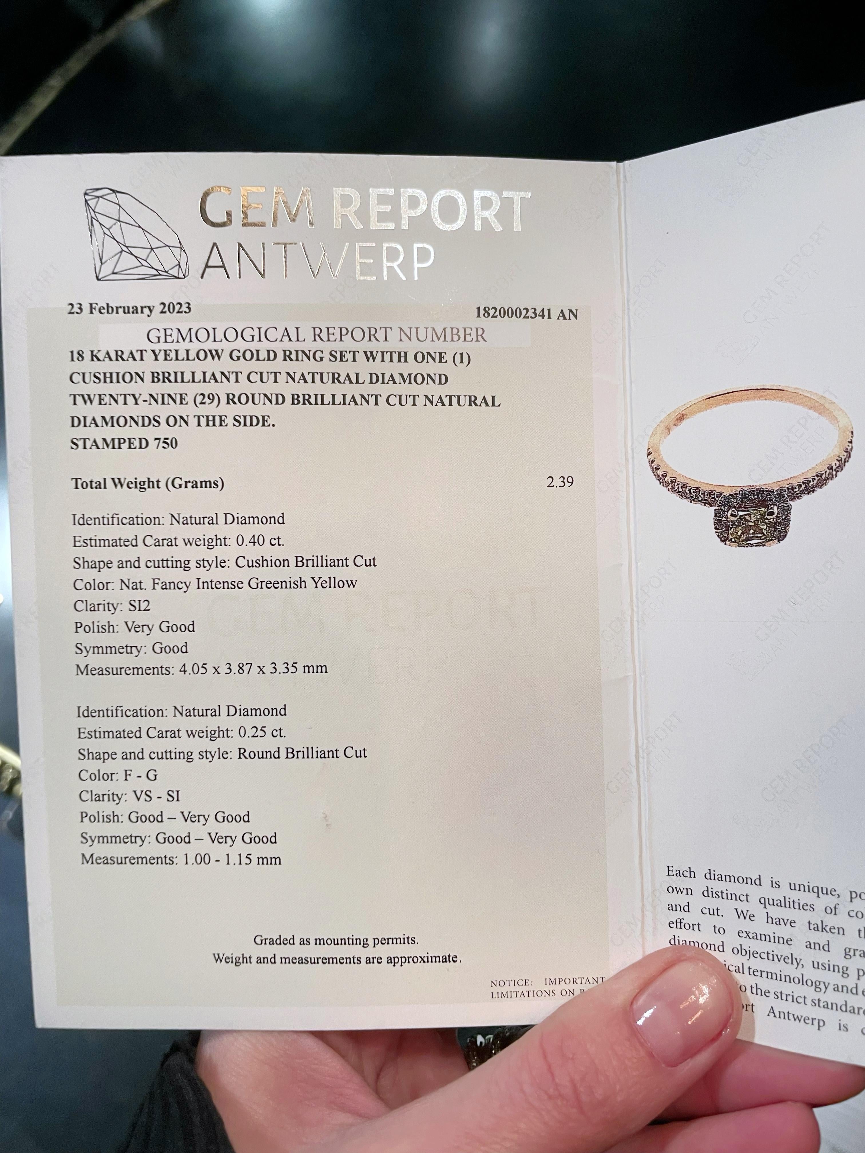 Women's Certified 18 Karat Gold 0.40 Carat Fancy Yellow Diamond Engagement Ring