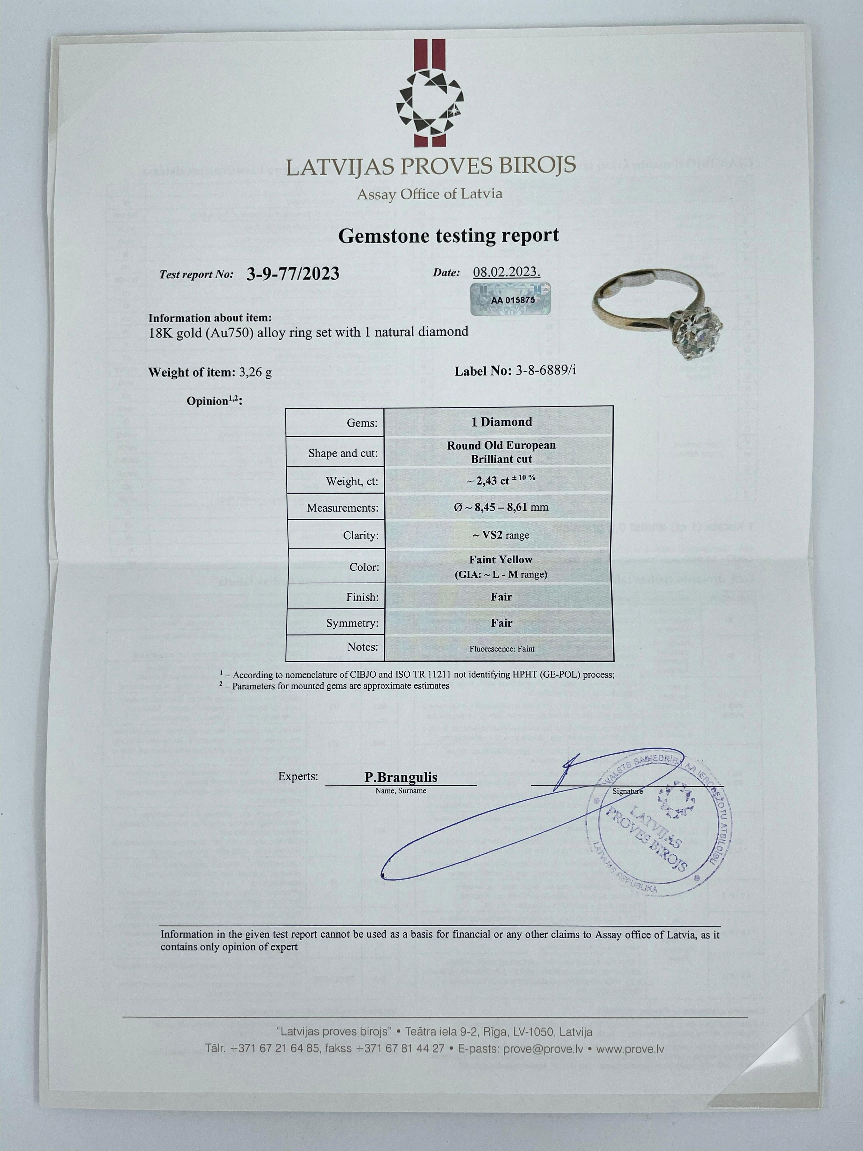 Certified 18 Karat Gold 2.43 Carat Old European Cut VS2 Diamond Solitaire Ring For Sale 1