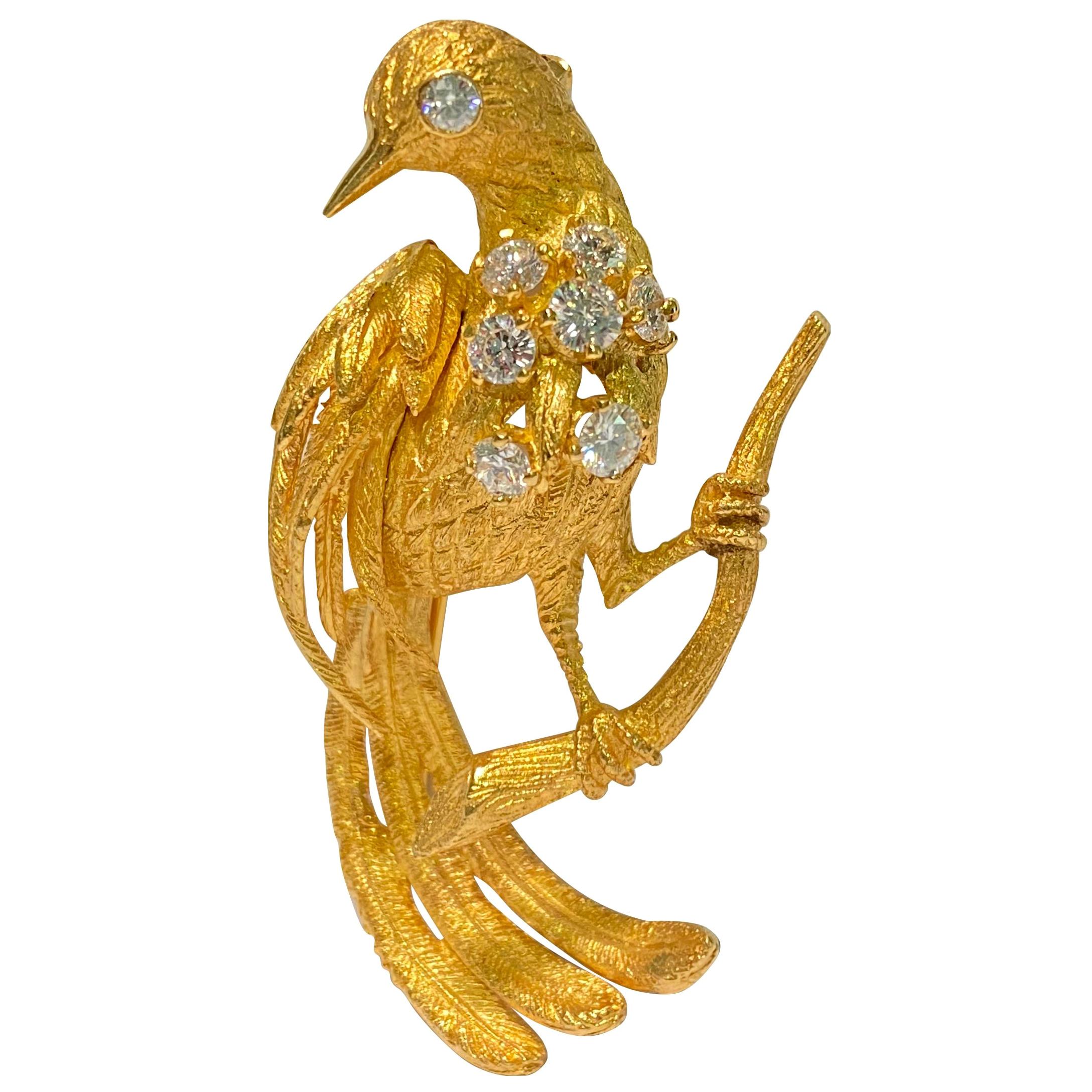 Certified, 18 Karat Yellow Gold and Diamond Bird Pin For Sale