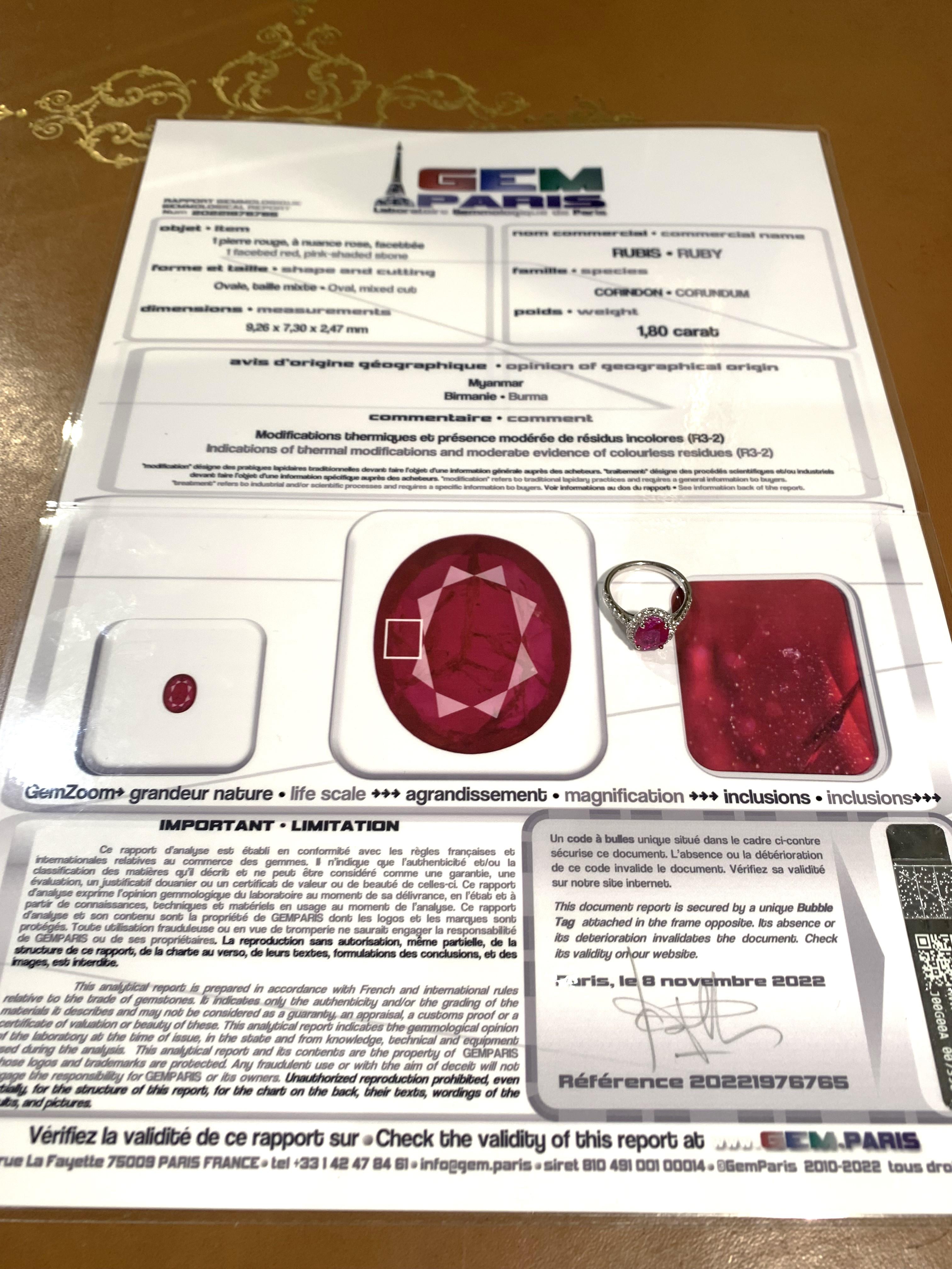 zertifizierter 1,80 Karat burmesischer Rubin-Diamantring aus 18 Karat Weißgold Damen im Angebot