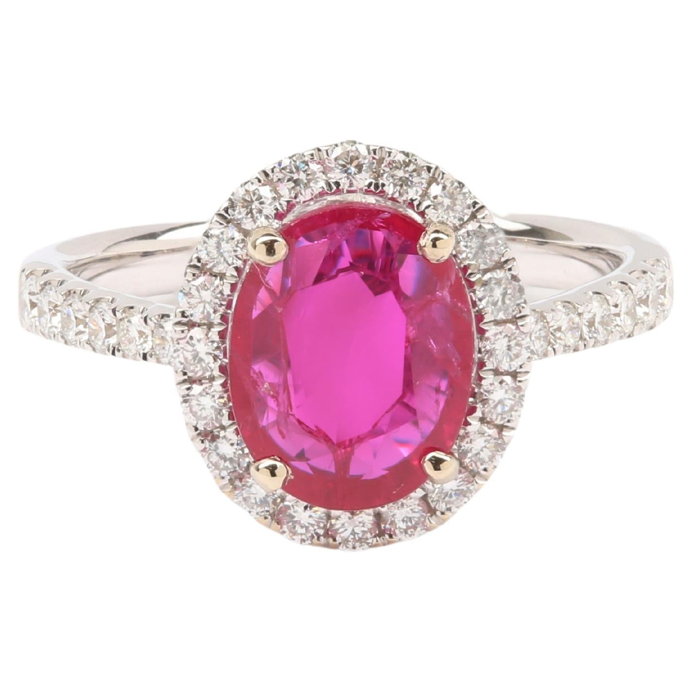 Certified 1.80 Carats Burmese Ruby Diamonds 18 Carats White Gold Ring For Sale