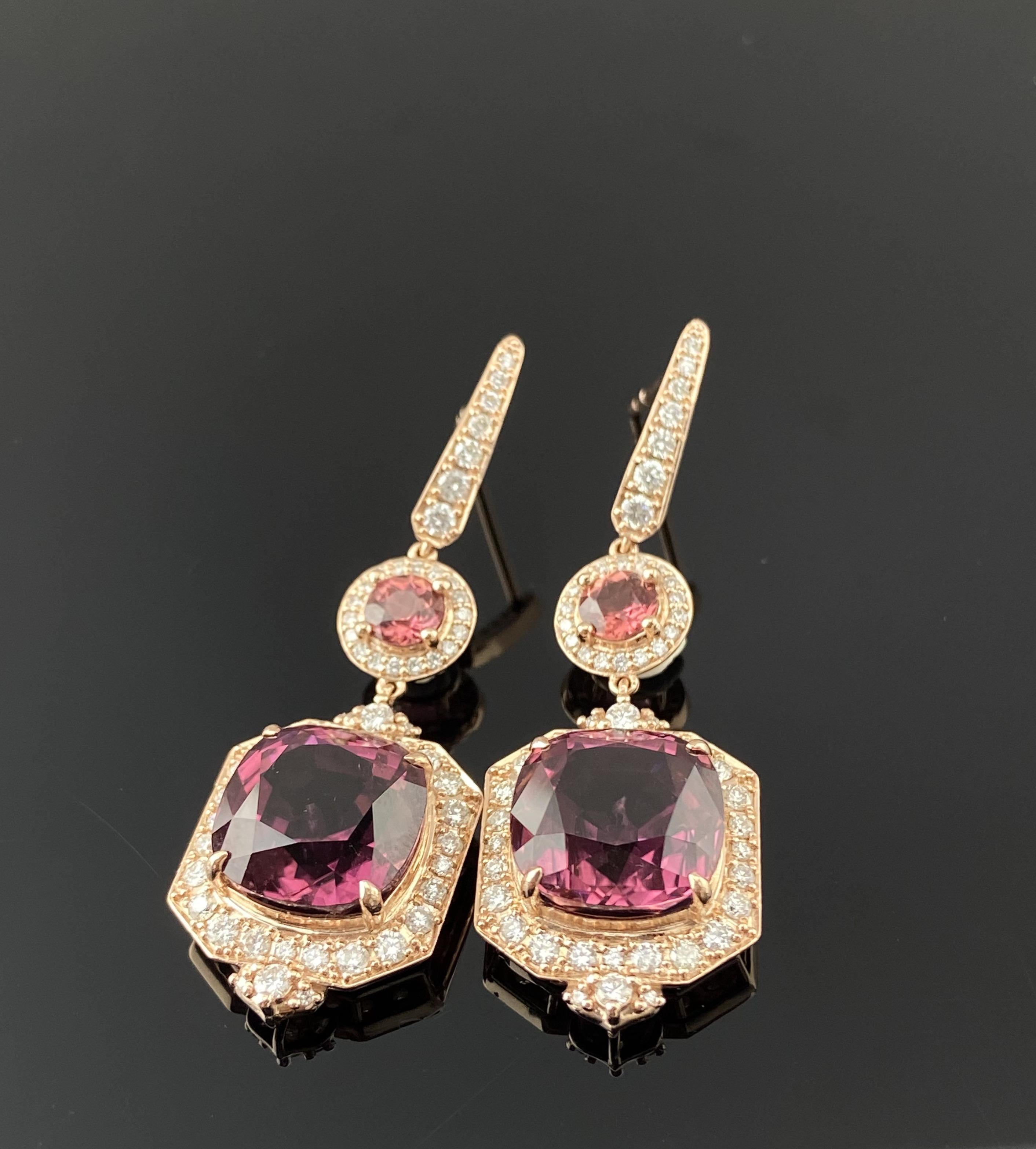 Artigiano Certified 18.06 Carats Pink Tourmaline Diamond Earrings in 18K Pink Gold in vendita