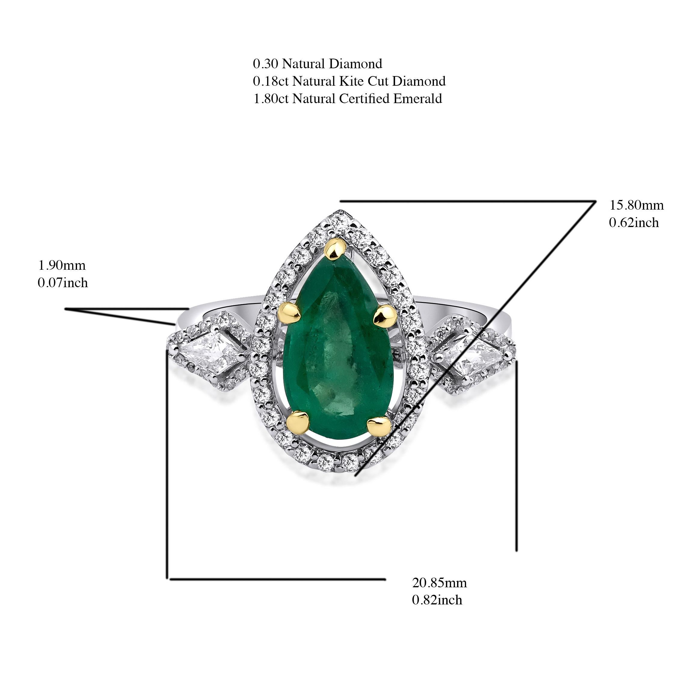 Zertifizierter 1,80CT Smaragd im Birnenschliff und 0,48CT Diamant-Dreieck-Ring aus massivem 18kt Gold (Tropfenschliff) im Angebot