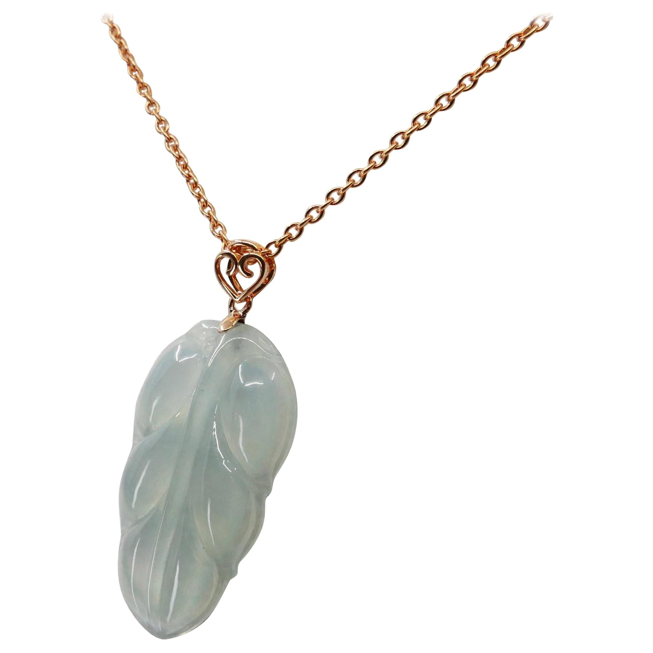 Certified 18.32 Carat Icy Jadeite Jade Leaf Pendant Necklace, Good Fortune  For Sale at 1stDibs