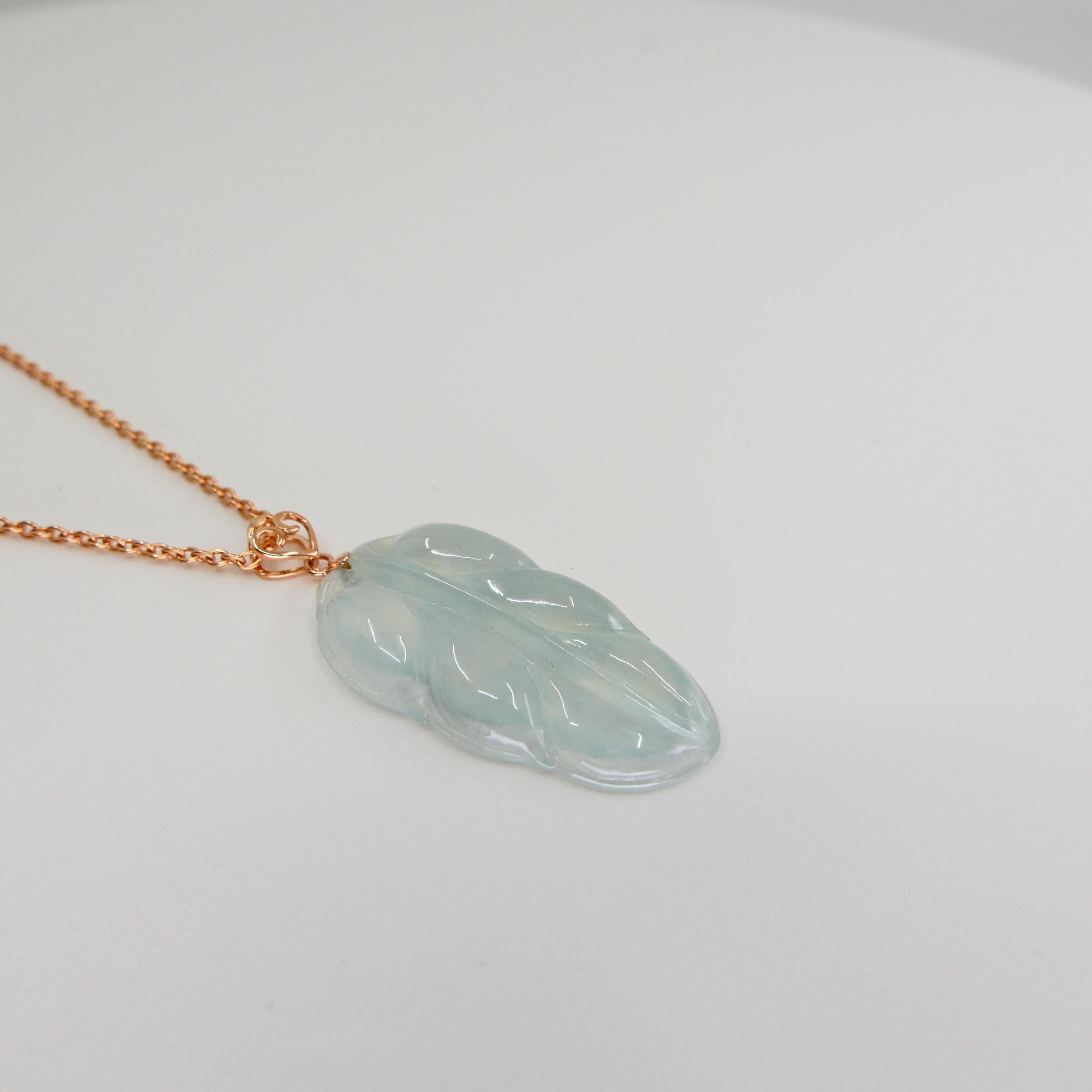 Certified 18.32 Carat Icy Jadeite Jade Leaf Pendant Necklace, Good Fortune For Sale 2