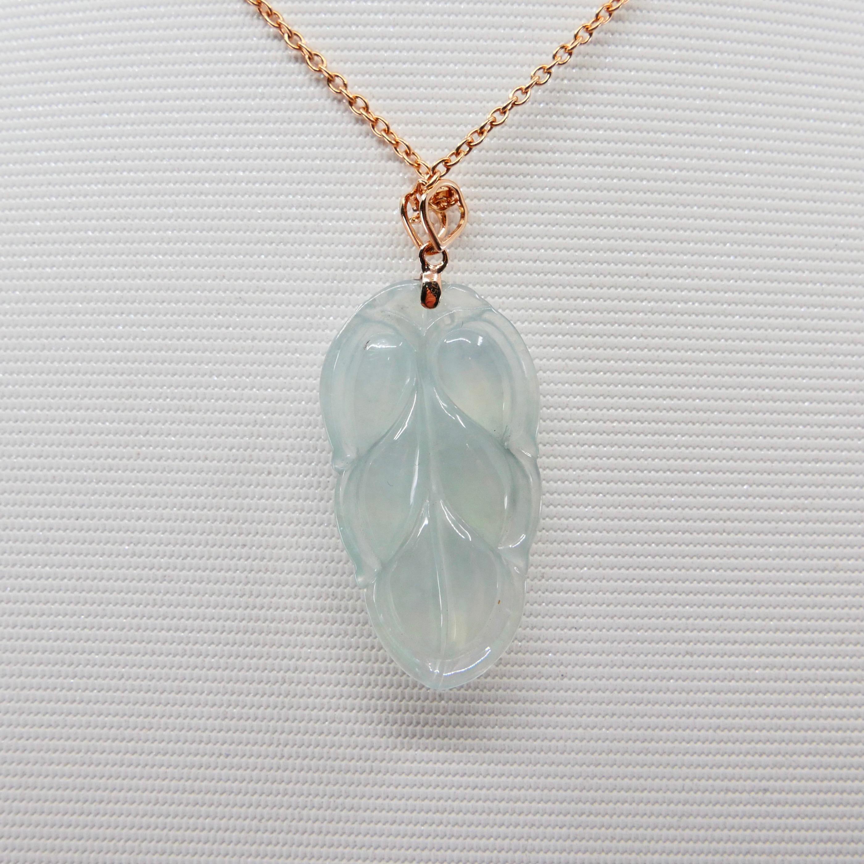 Rough Cut Certified 18.32 Carat Icy Jadeite Jade Leaf Pendant Necklace, Good Fortune For Sale