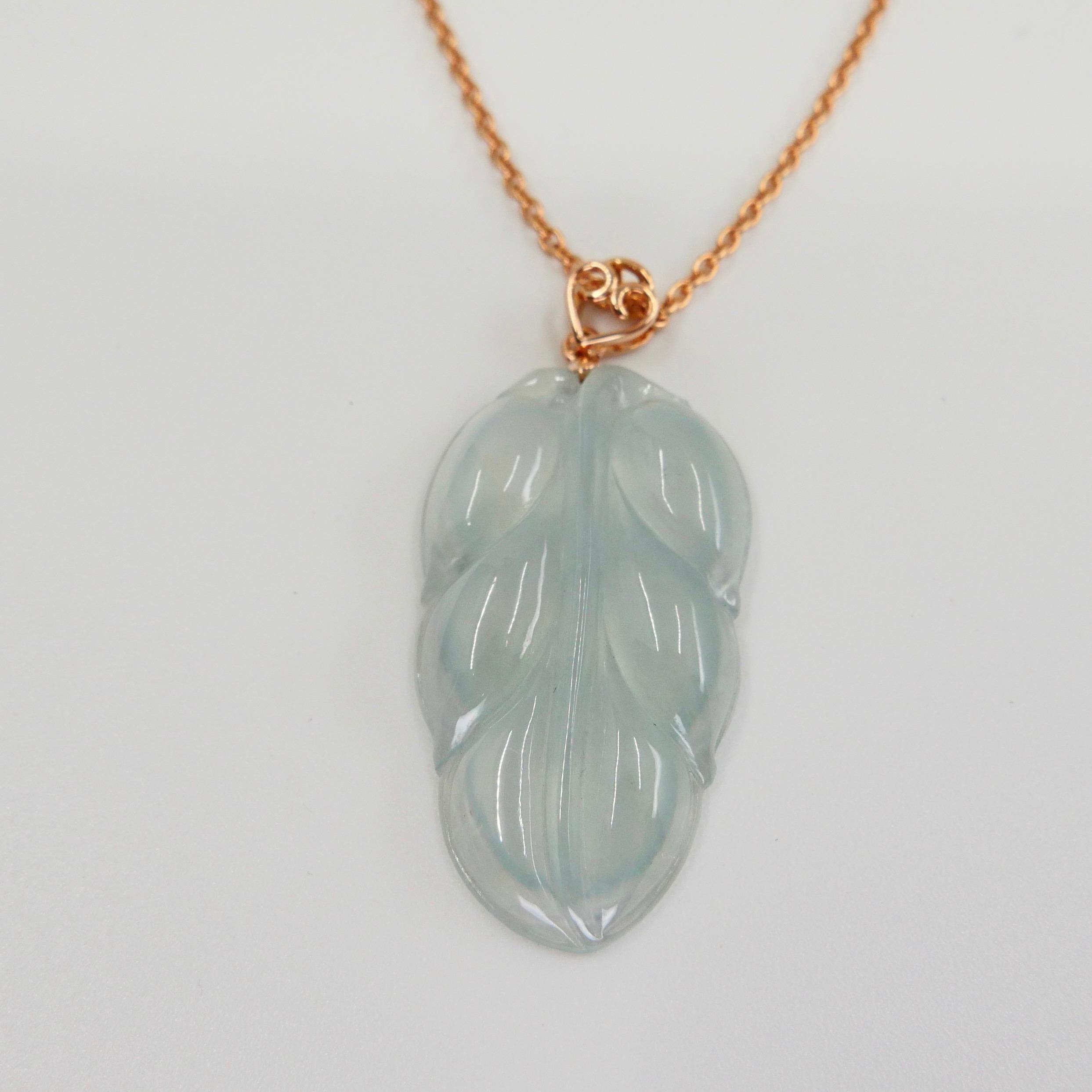 Women's Certified 18.32 Carat Icy Jadeite Jade Leaf Pendant Necklace, Good Fortune For Sale