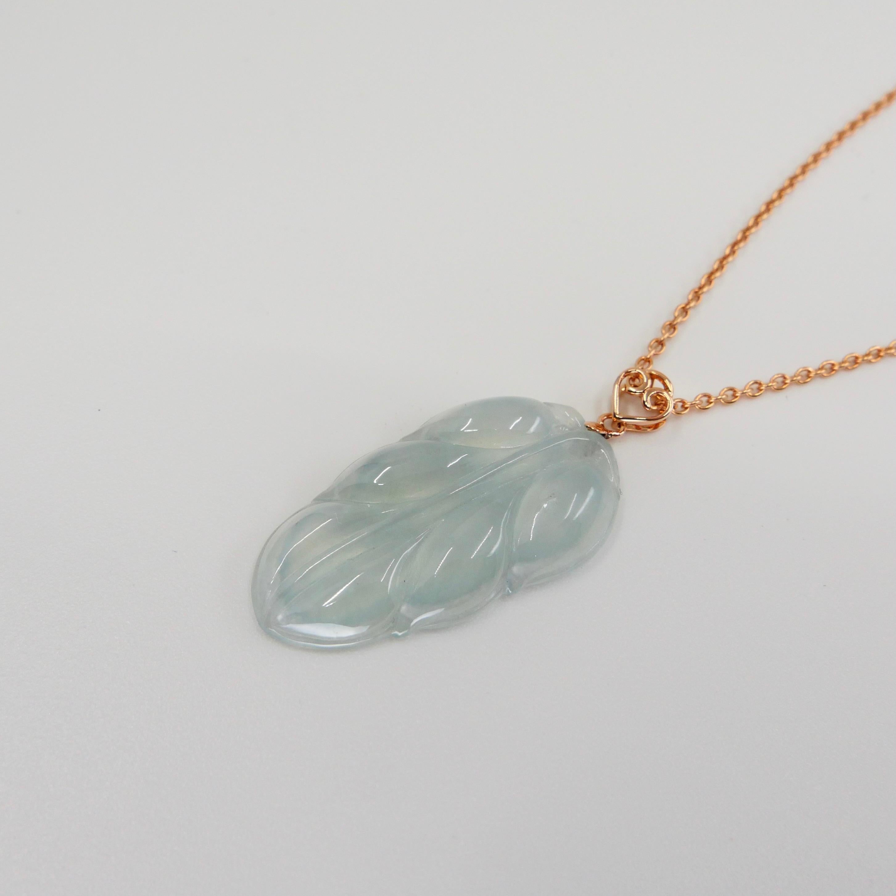 Certified 18.32 Carat Icy Jadeite Jade Leaf Pendant Necklace, Good Fortune For Sale 1