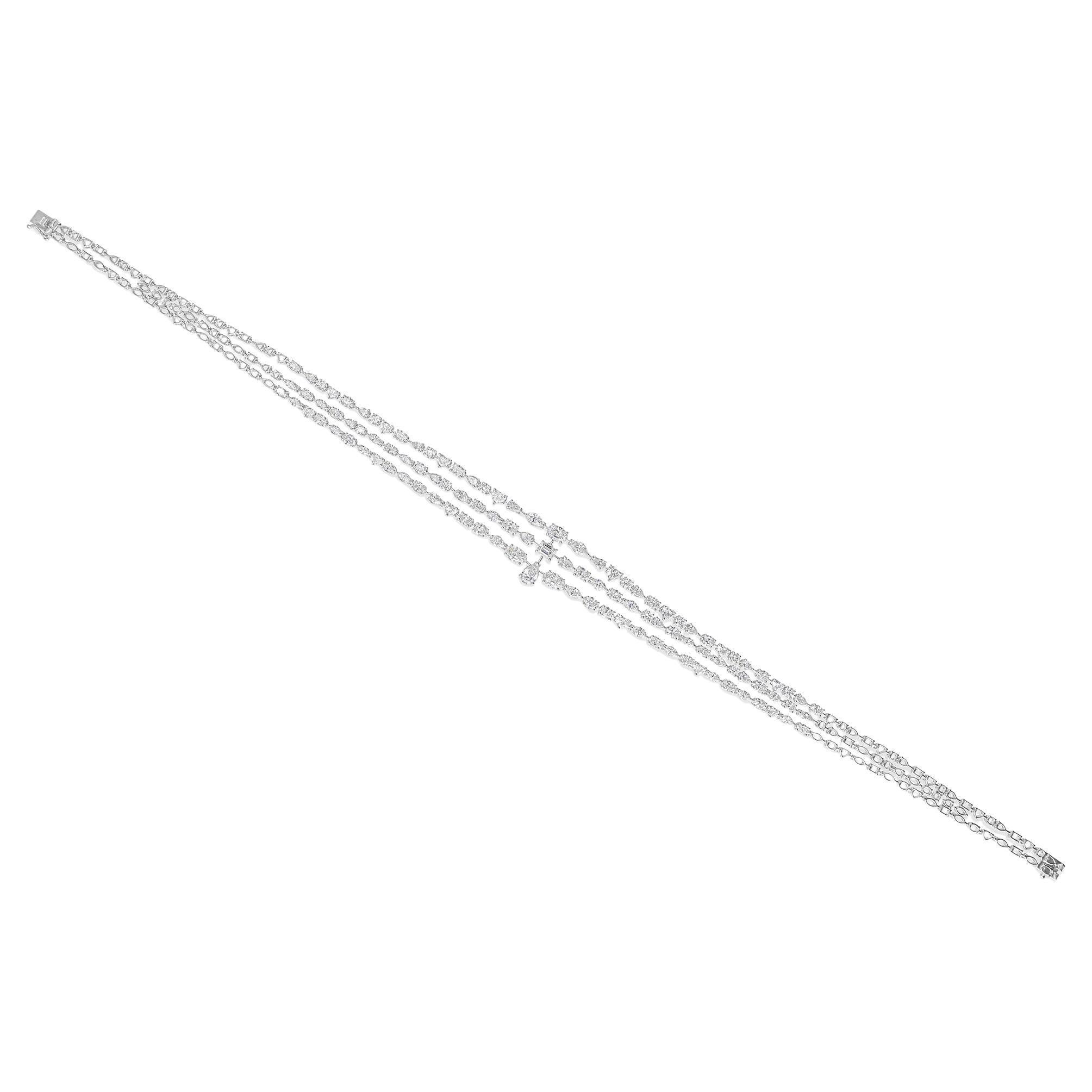 Certified 18.47 Carat Diamond Multi Strand Choker Necklace 14k White Gold For Sale