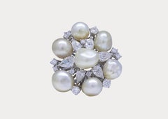 Certified 18.66 Ct. Natural Baroque Pearls, Pear and Round Diamonds 18k Ring