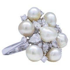 Certified 18.66 Ct. Natural Baroque Pearls, Pear and Round Diamonds 18k Ring