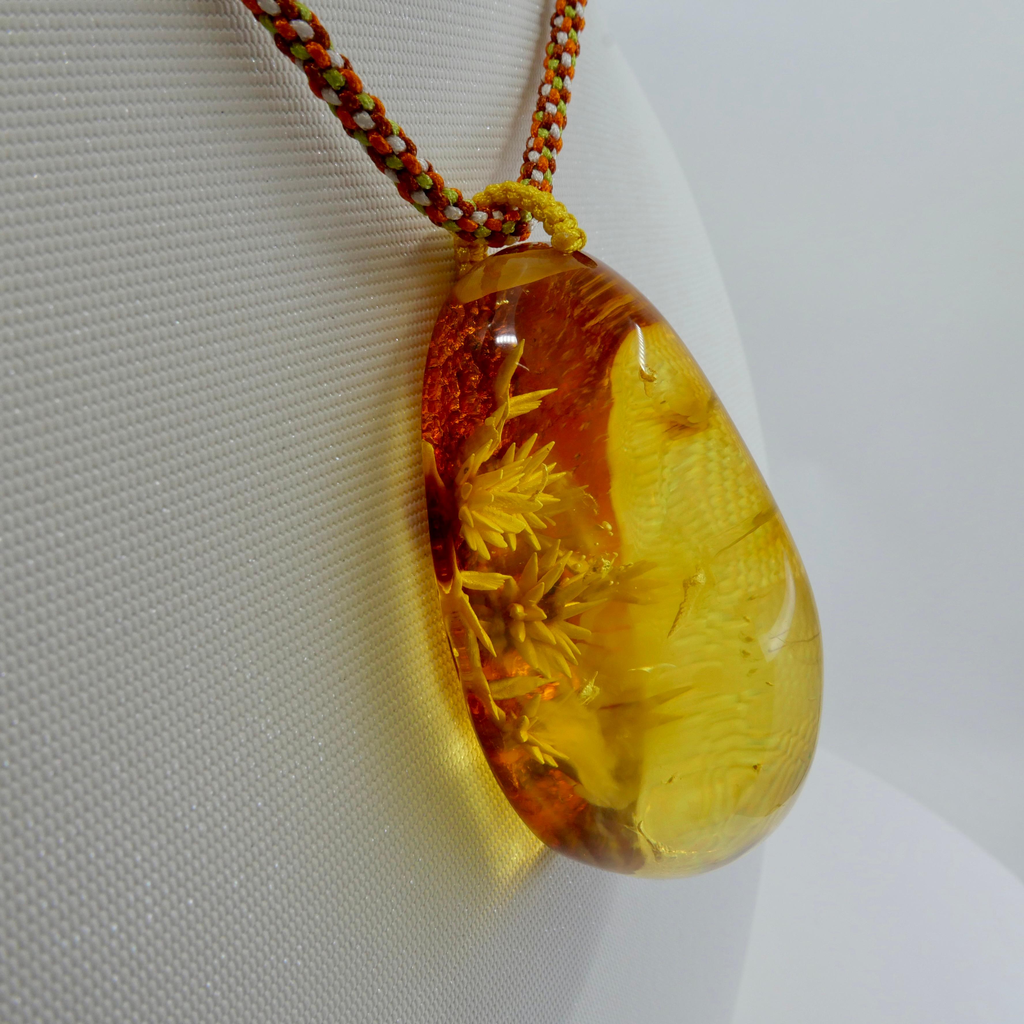 Certified 187 Carat Natural Amber Flower Pendant Necklace, Statement Jewelry For Sale 3