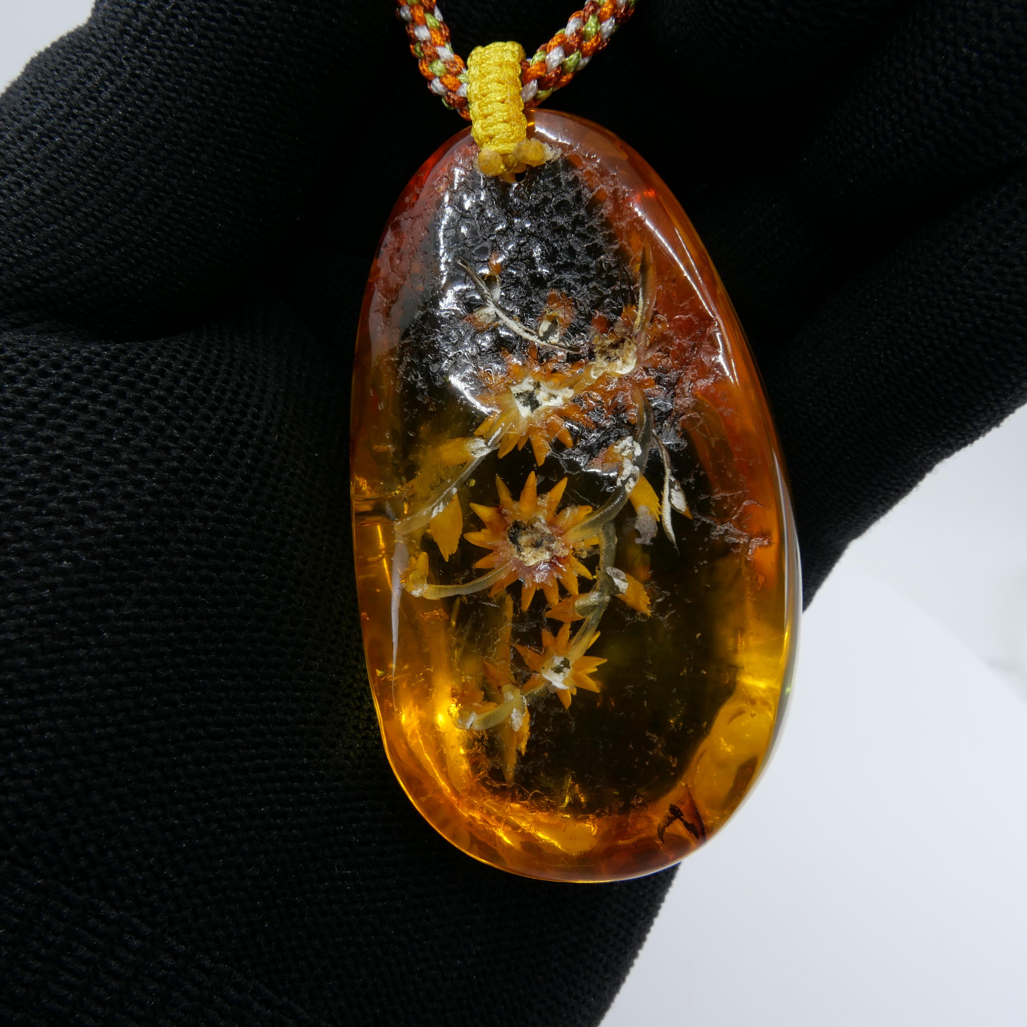 Certified 187 Carat Natural Amber Flower Pendant Necklace, Statement Jewelry For Sale 11