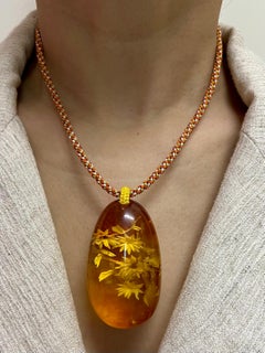 Certified 187 Carat Natural Amber Flower Pendant Necklace, Statement Jewelry