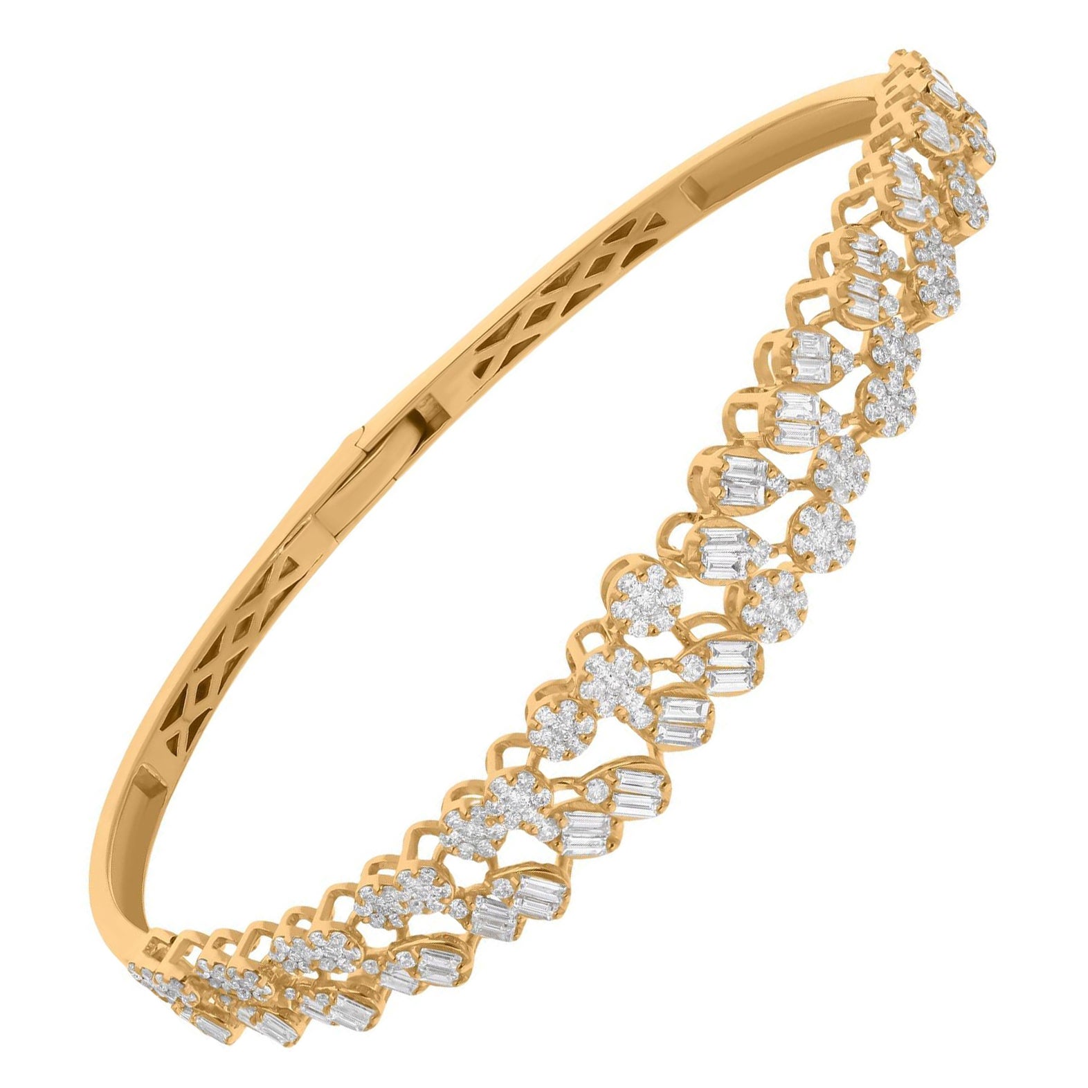Certified 1.87 Carat SI/H Real Diamond Cluster 14K Yellow Gold Cuff Bracelet For Sale