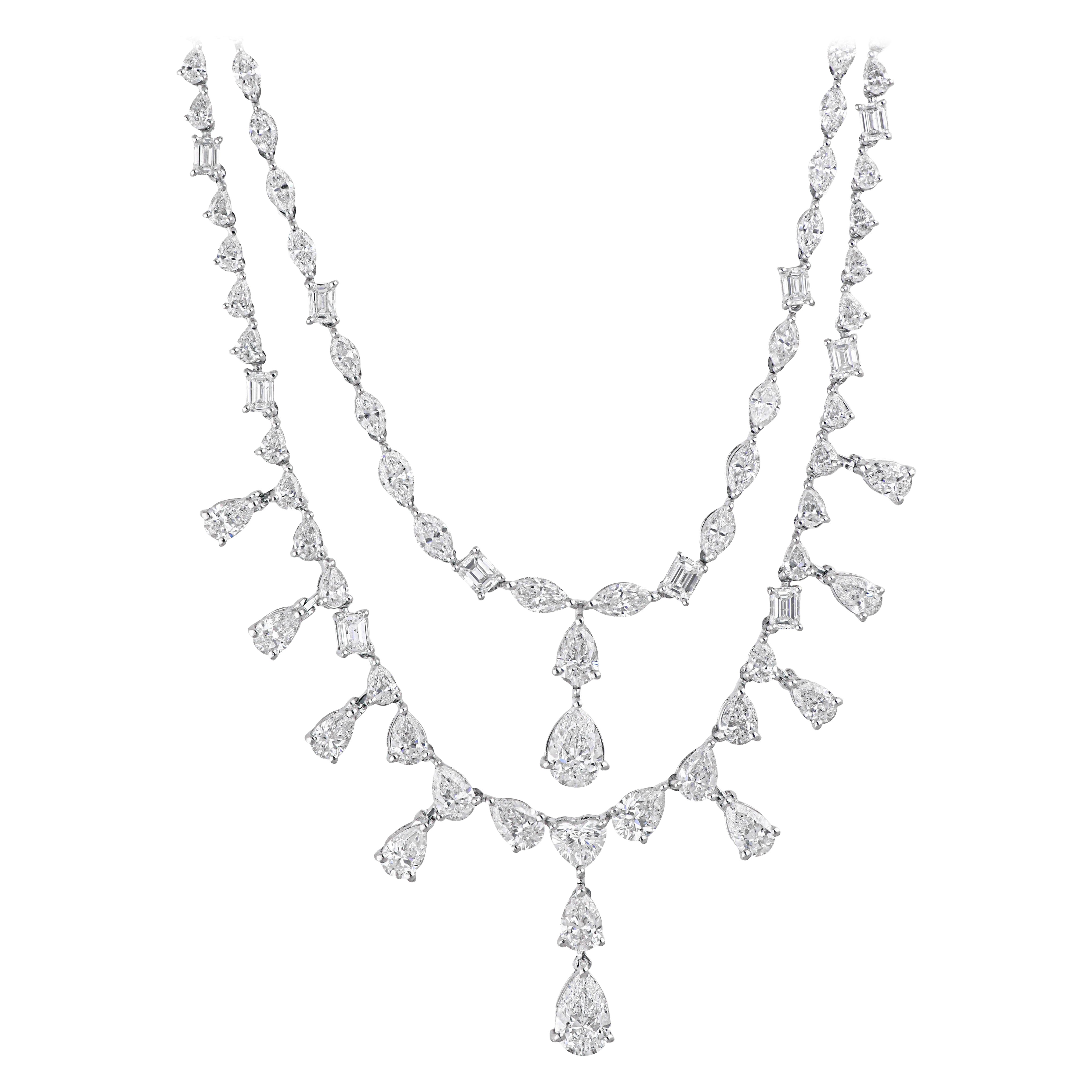 Collar de doble capa de diamantes certificados de 18,90 quilates de oro blanco macizo de 14k en venta