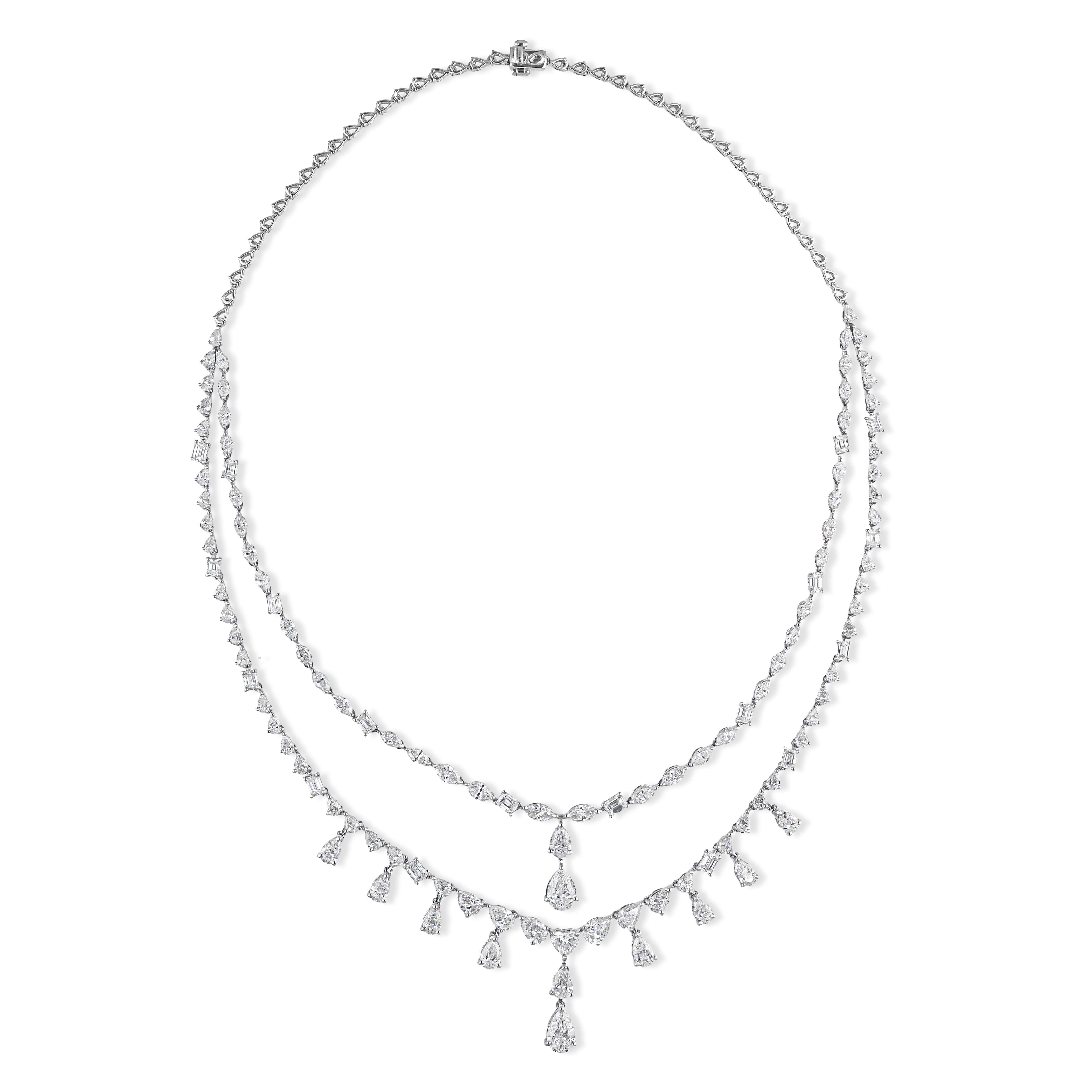 Collar de doble capa de diamantes certificados de 18,90 quilates de oro blanco macizo de 18k Corte mixto en venta