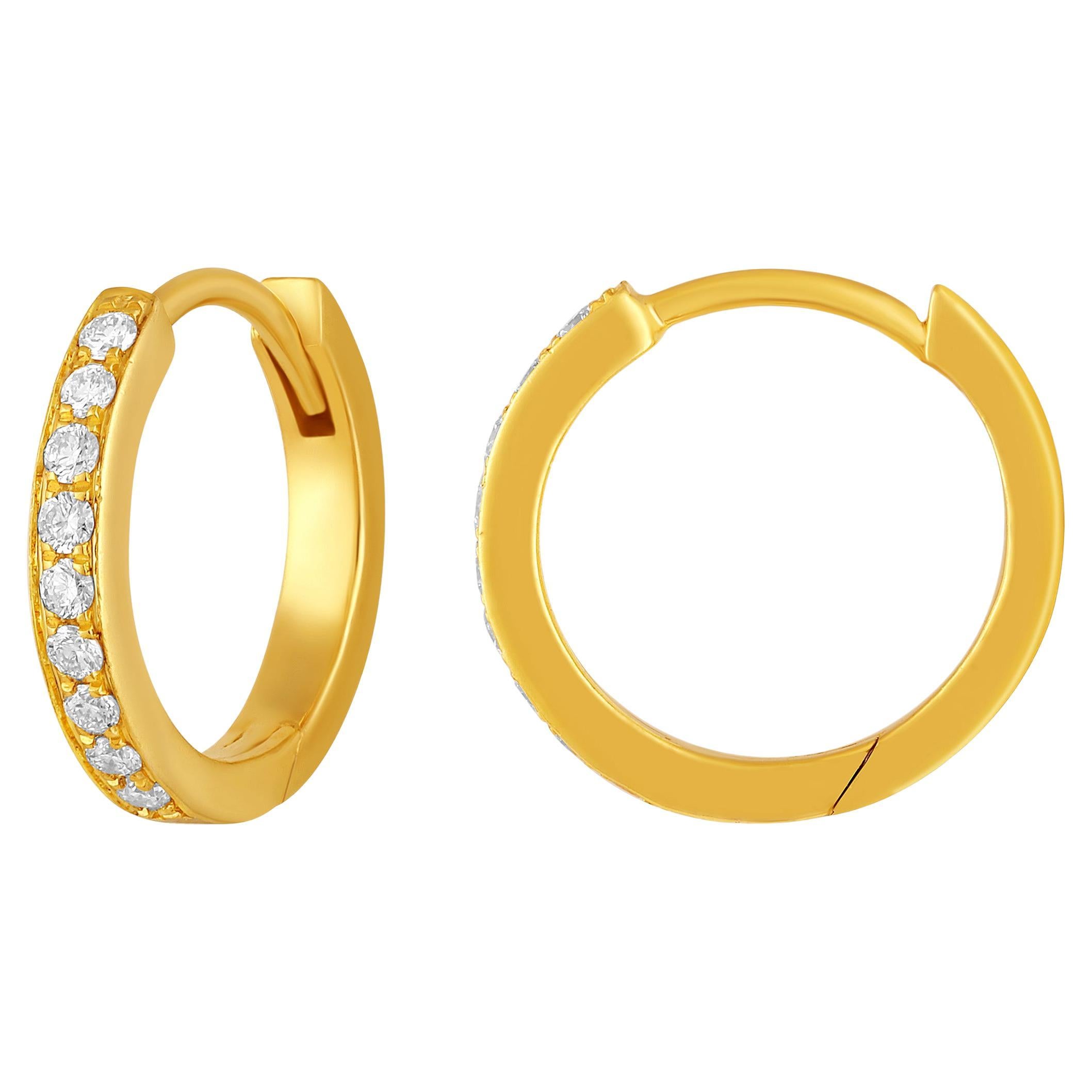 Certified 18k Gold 0.1 Carat Natural Diamond Huggie Hoop Yellow Earrings For Sale