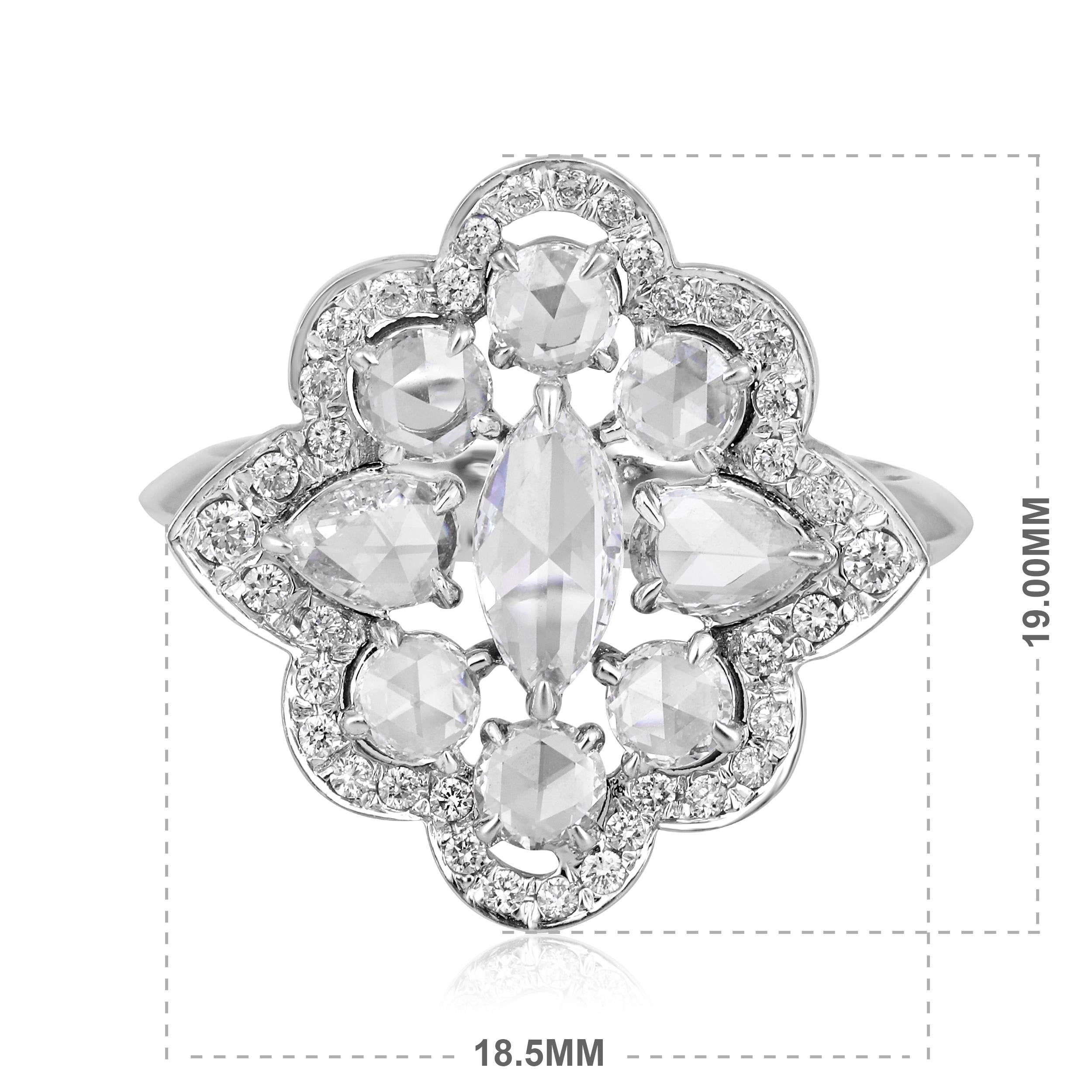 Emerald Cut Certified 18K Gold 1.1ct Rose-Cut Natural Diamond F-VVS Multi Shape Flower Ring For Sale
