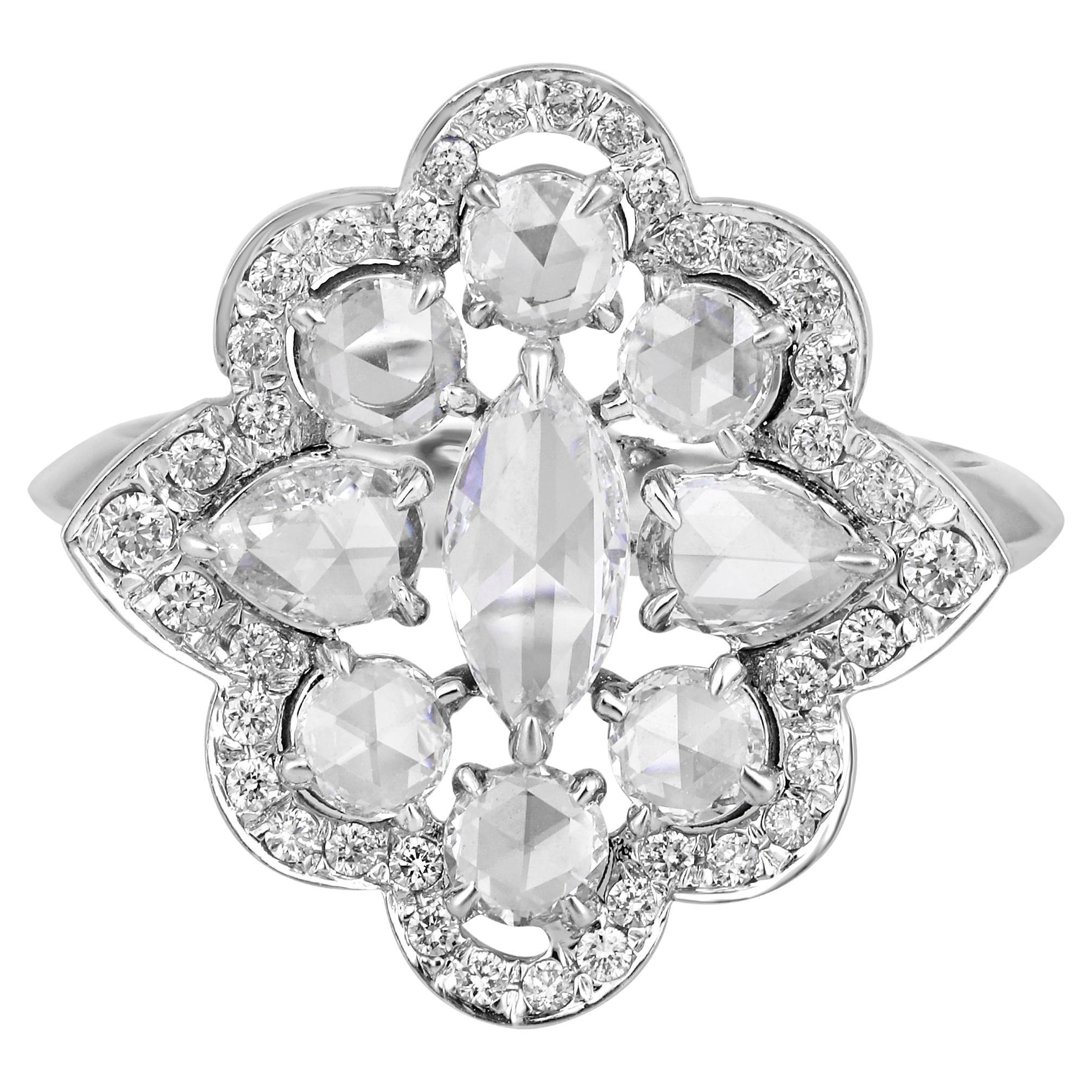 Certified 18K Gold 1.1ct Rose-Cut Natural Diamond F-VVS Multi Shape Flower Ring For Sale