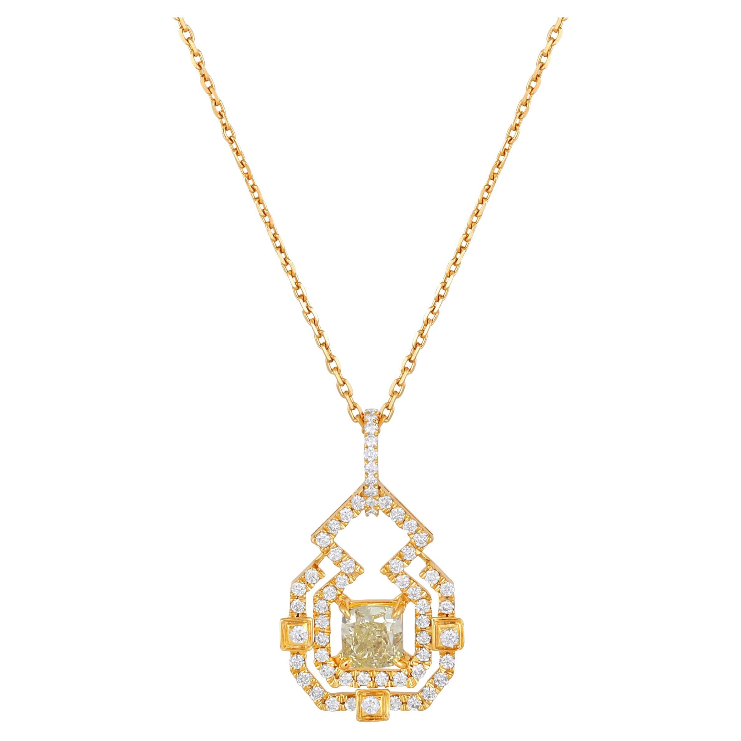 Designer Vintage-Halskette, zertifiziert 18 Karat Gold 1.2 Karat natürlicher Diamant E-VVS Kissenschliff im Angebot