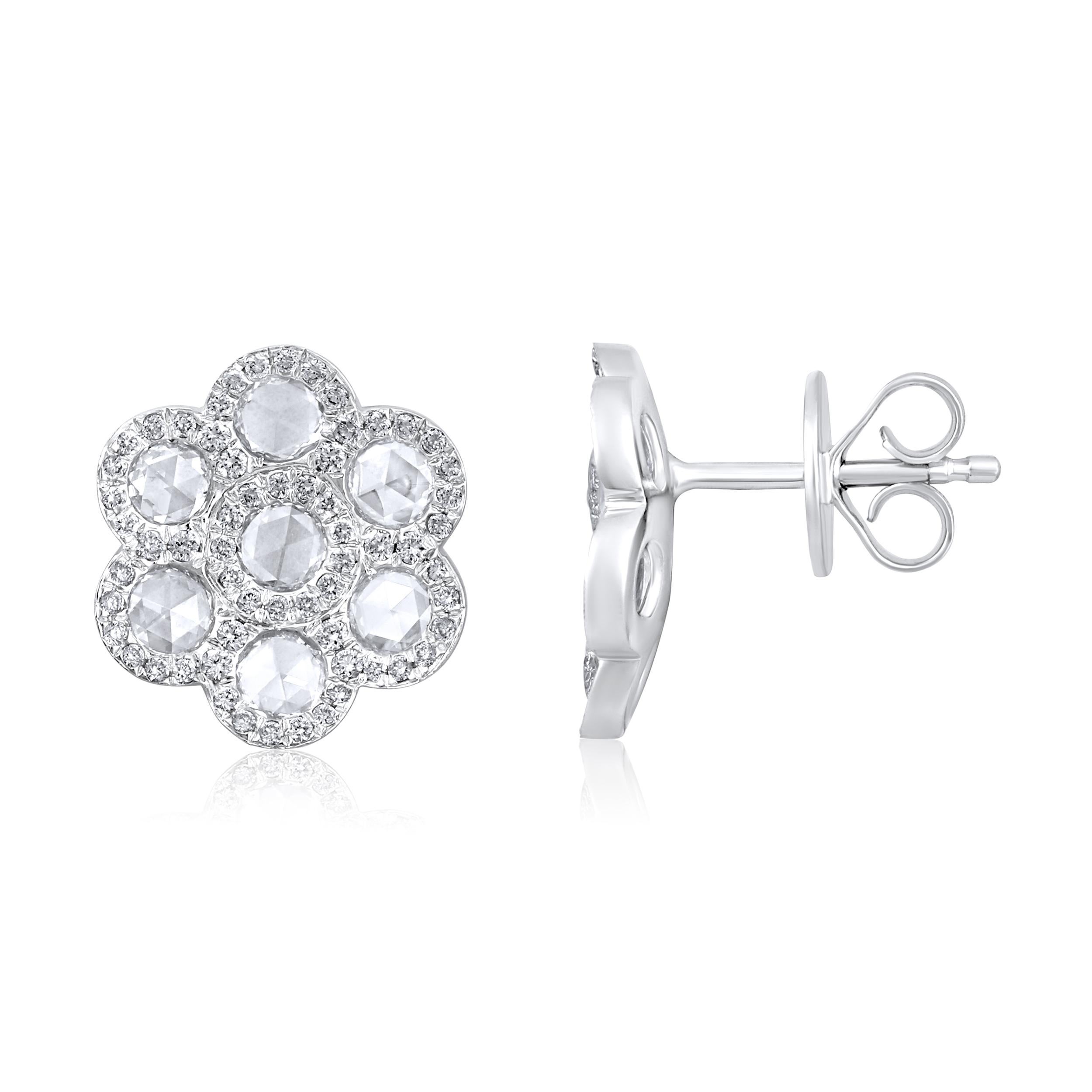 Crafted in 4.61 grams of 18K White Gold, the earrings contain 14 stones of Rose Cut Natural Diamonds with a total of 0.97 carat in E-F color and VVS-VS clarity combined with 122 stones of Round Natural Diamonds with a total of 0.37 carat in E-F