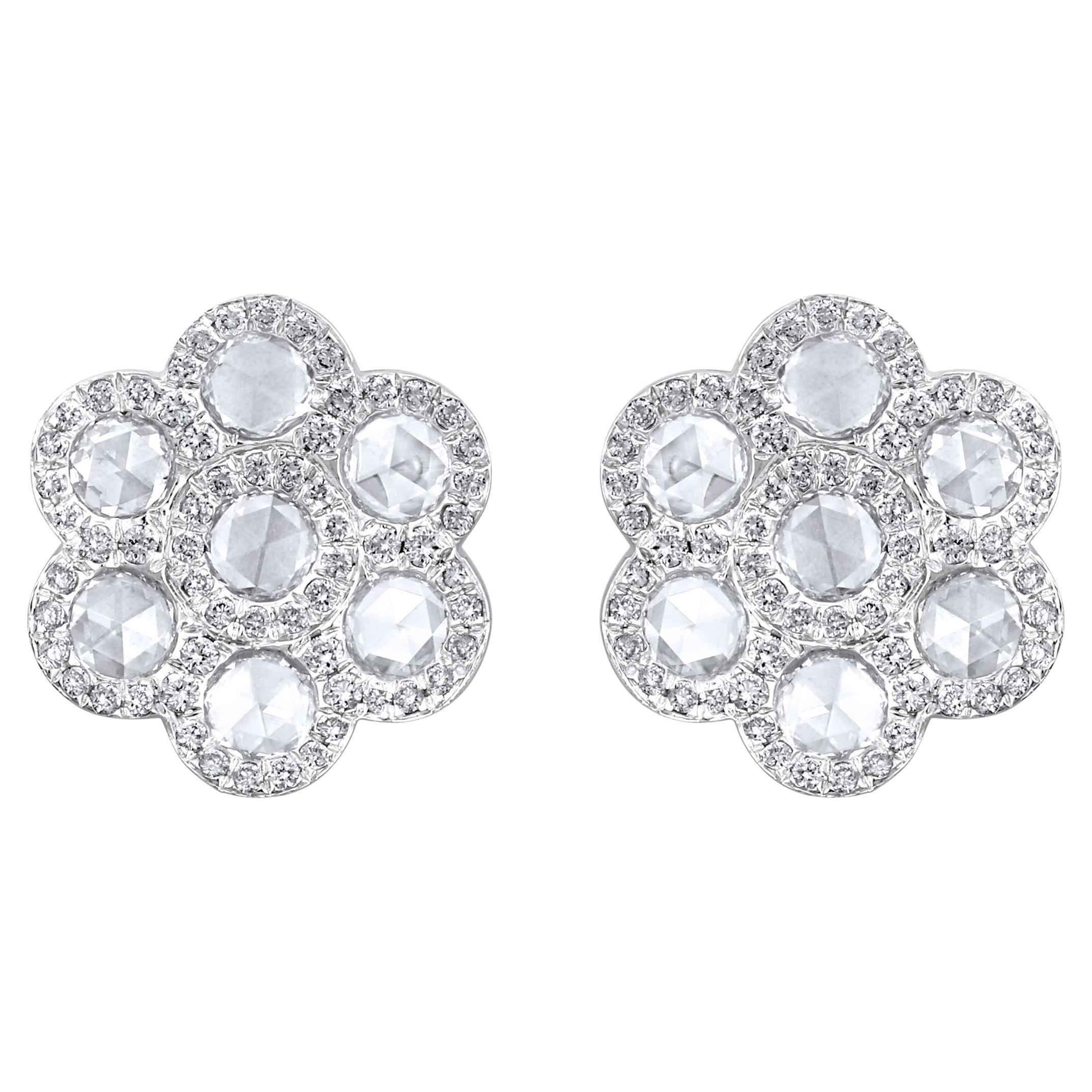 Certified 18K Gold 1.34ct Natural Diamond E-VVS Rose-Cut Floral Stud Earrings For Sale