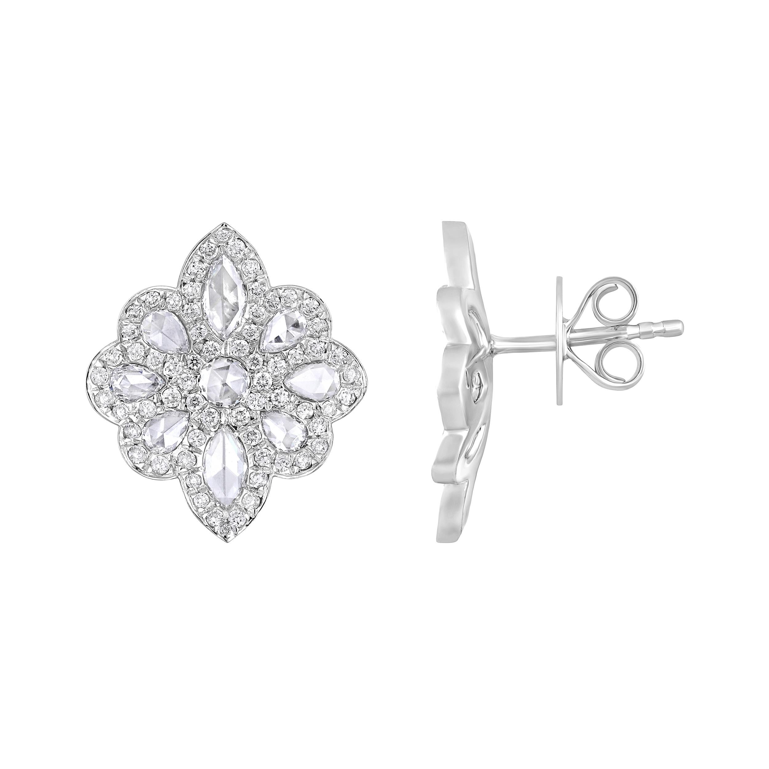 Crafted in 5.893 grams of 18K White Gold, the earrings contain 18 stones of Rose Cut Natural Diamonds with a total of 0.97 carat in E-F color and VVS-VS clarity combined with 126 stones of Round Natural Diamonds with a total of 0.53 carat in E-F