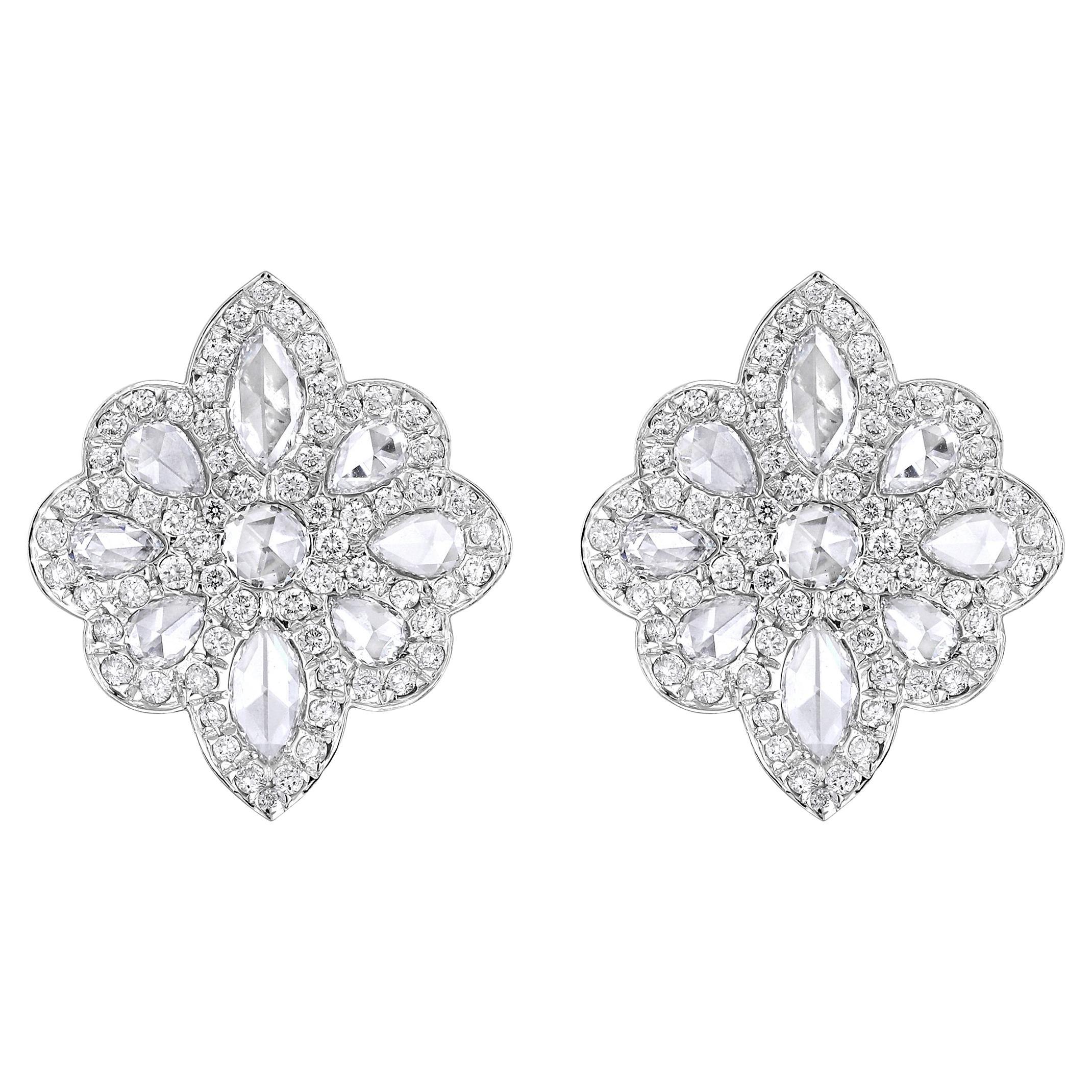 Certified 18K Gold 1.5ct Natural Diamond E-VVS Rose-Cut Floral Stud Earrings For Sale