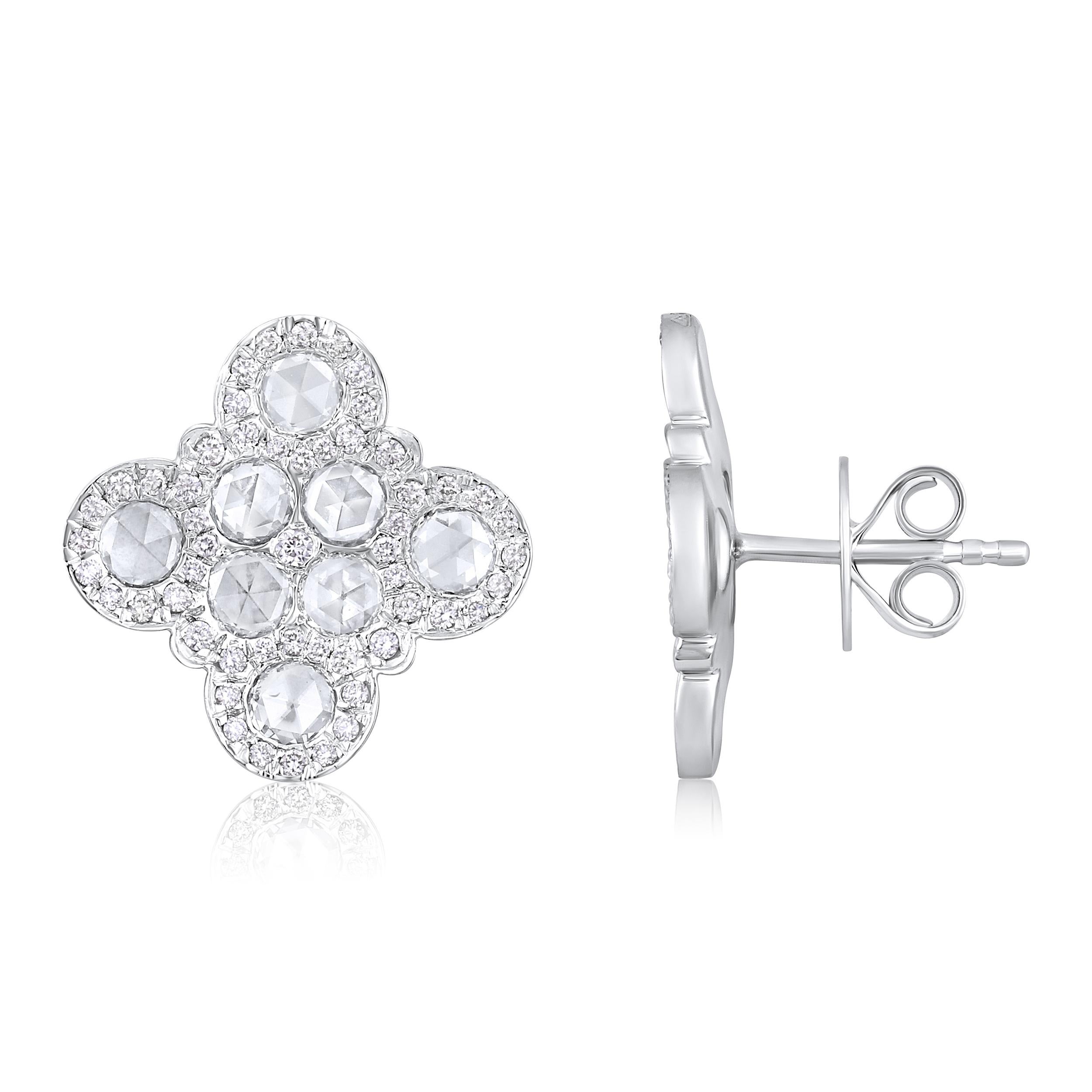 Crafted in 5.95 grams of 18K White Gold, the earrings contain 16 stones of Rose Cut Natural Diamonds with a total of 1.25 carat in E-F color and VVS-VS clarity combined with 106 stones of Round Natural Diamonds with a total of 0.38 carat in E-F