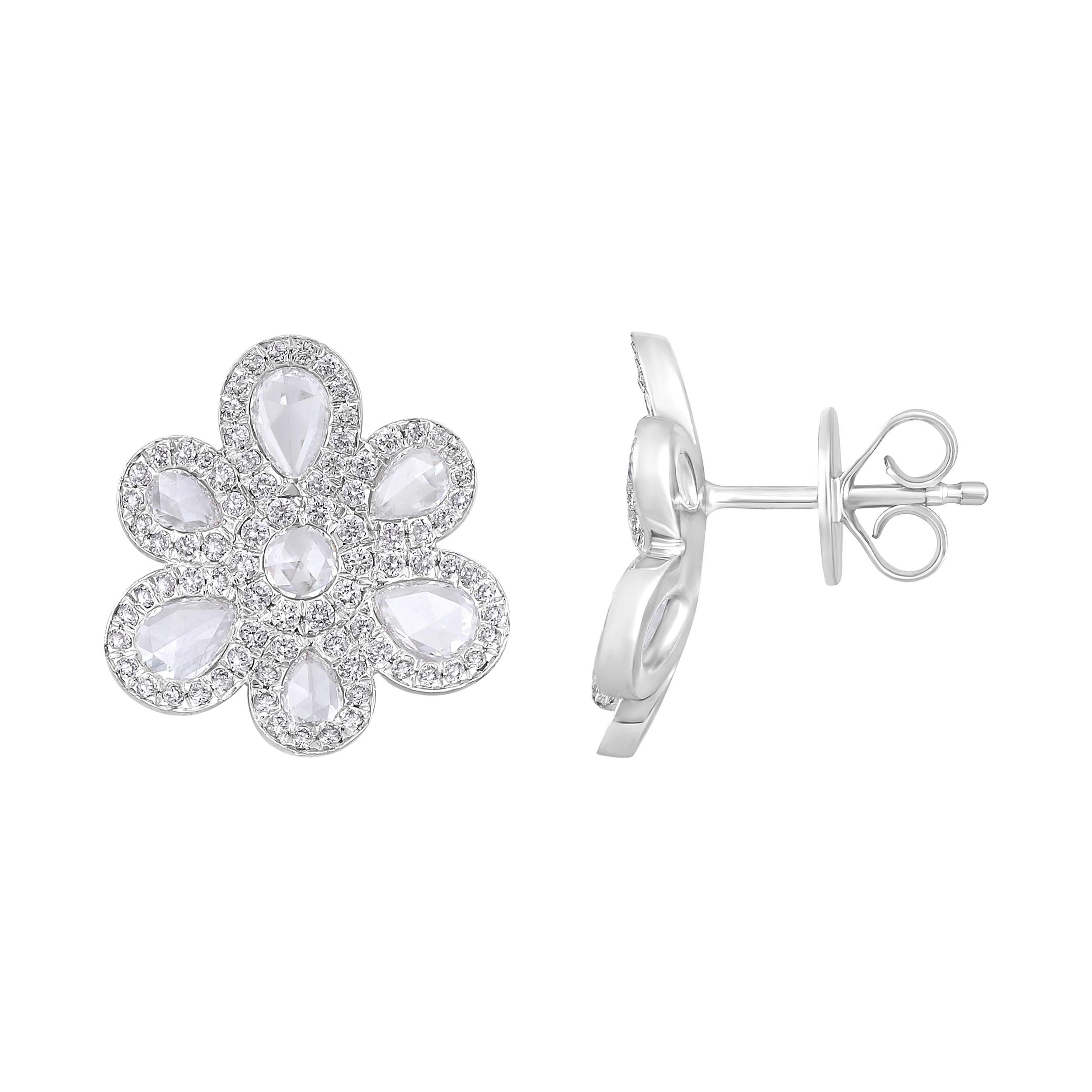 Crafted in 5.898 grams of 18K White Gold, the earrings contain 14 stones of Rose Cut Natural Diamonds with a total of 0.99 carat in E-F color and VVS-VS clarity combined with 162 stones of Round Natural Diamonds with a total of 0.64 carat in E-F