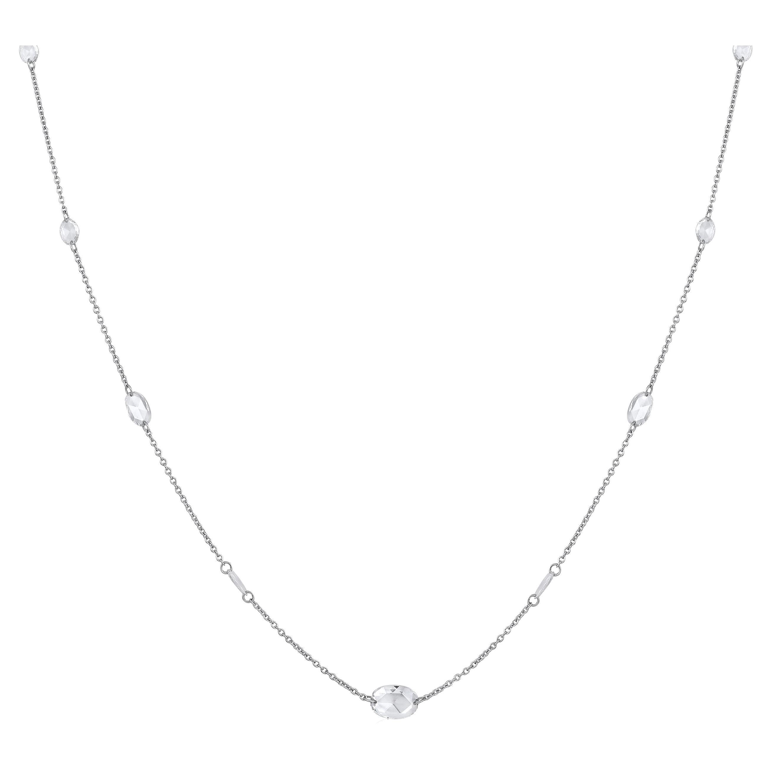 Certified 18K Gold 1.7ct Natural Diamond E-VVS Rose-Cut Oval Tennis Necklace For Sale