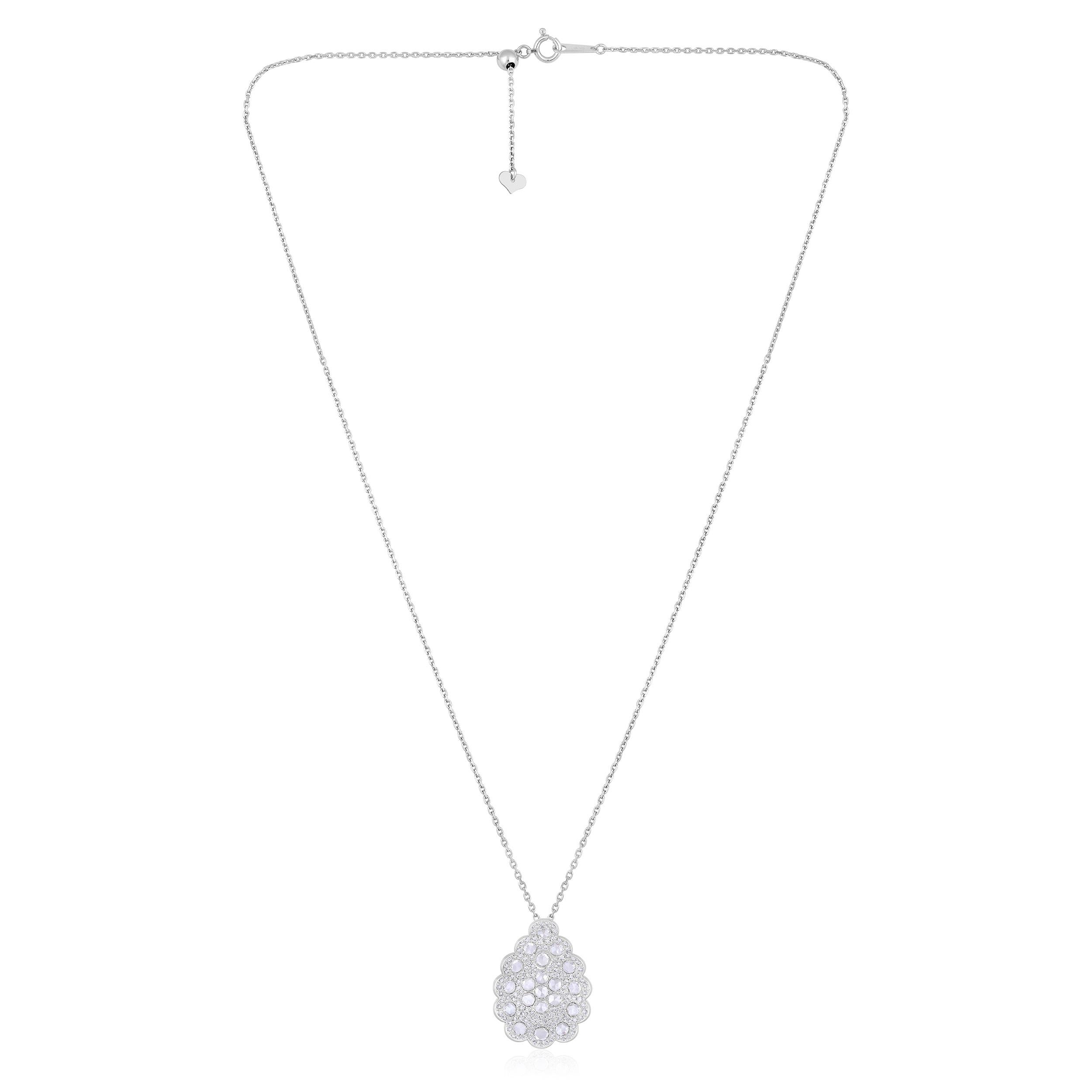 Crafted in 5.95 grams of 18K White Gold, the necklace contains 20 stones of Rose Cut Natural Diamonds with a total of 1.24 carat in E-F color and VVS-VS clarity combined with 135 stones of Round Natural Diamonds with a total of 0.6 carat in E-F