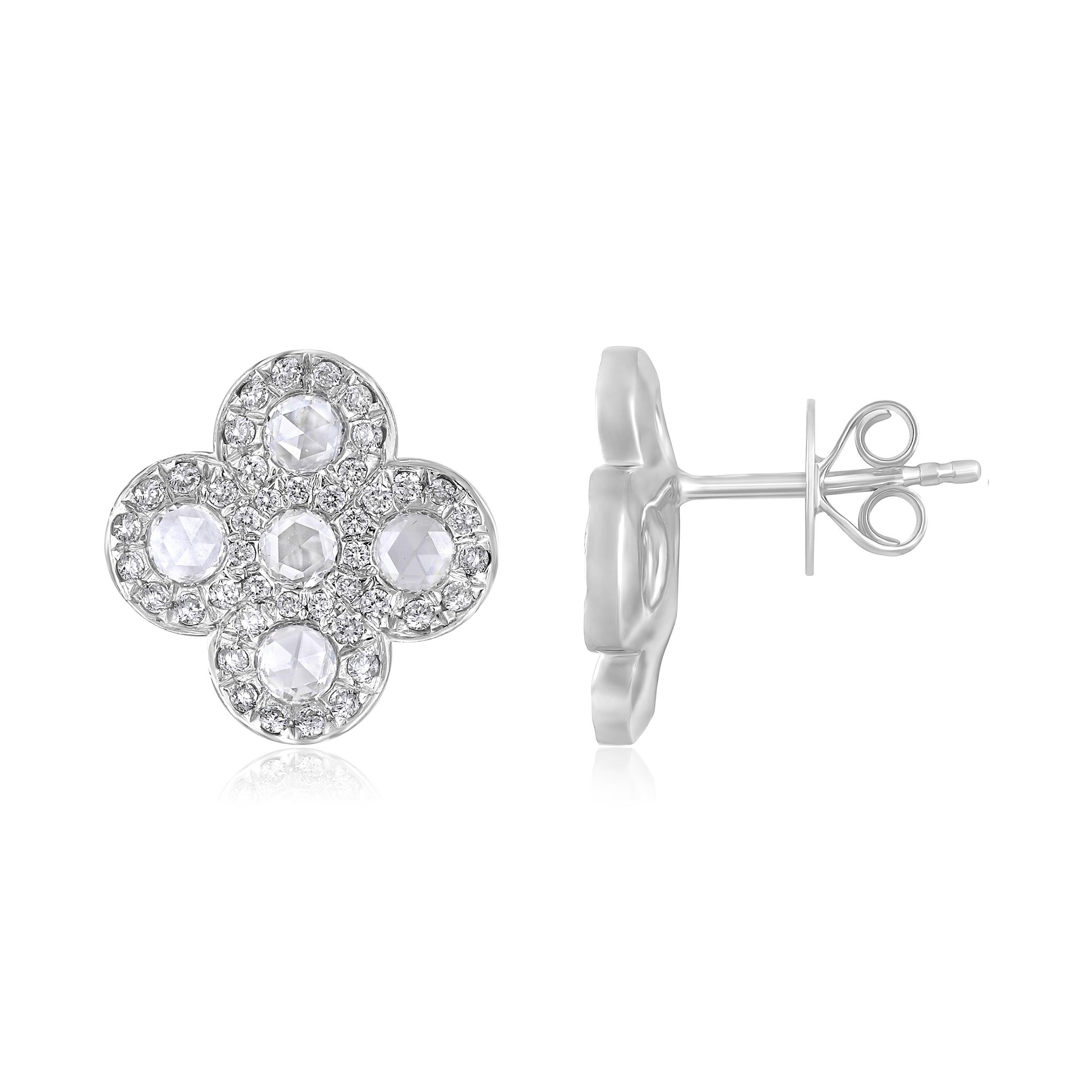 Crafted in 4.68 grams of 18K White Gold, the earrings contain 10 stones of Rose Cut Natural Diamonds with a total of 0.57 carat in E-F color and VVS-VS clarity combined with 86 stones of Round Natural Diamonds with a total of 0.43 carat in E-F color