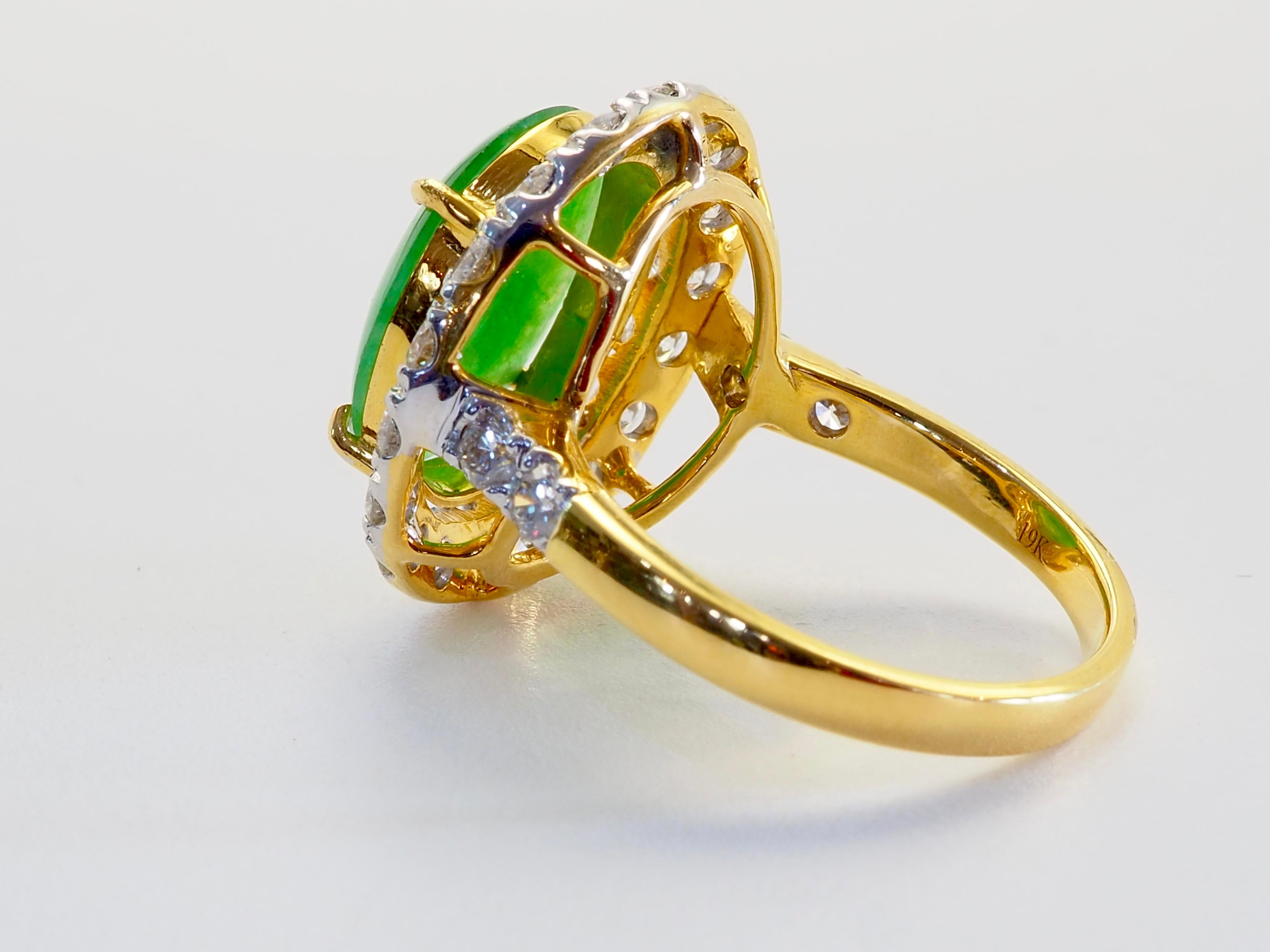 Cabochon Certified 18K Gold 2.44ctw Myanmar Jadeite & 1.04ctw Diamond Halo Ring For Sale