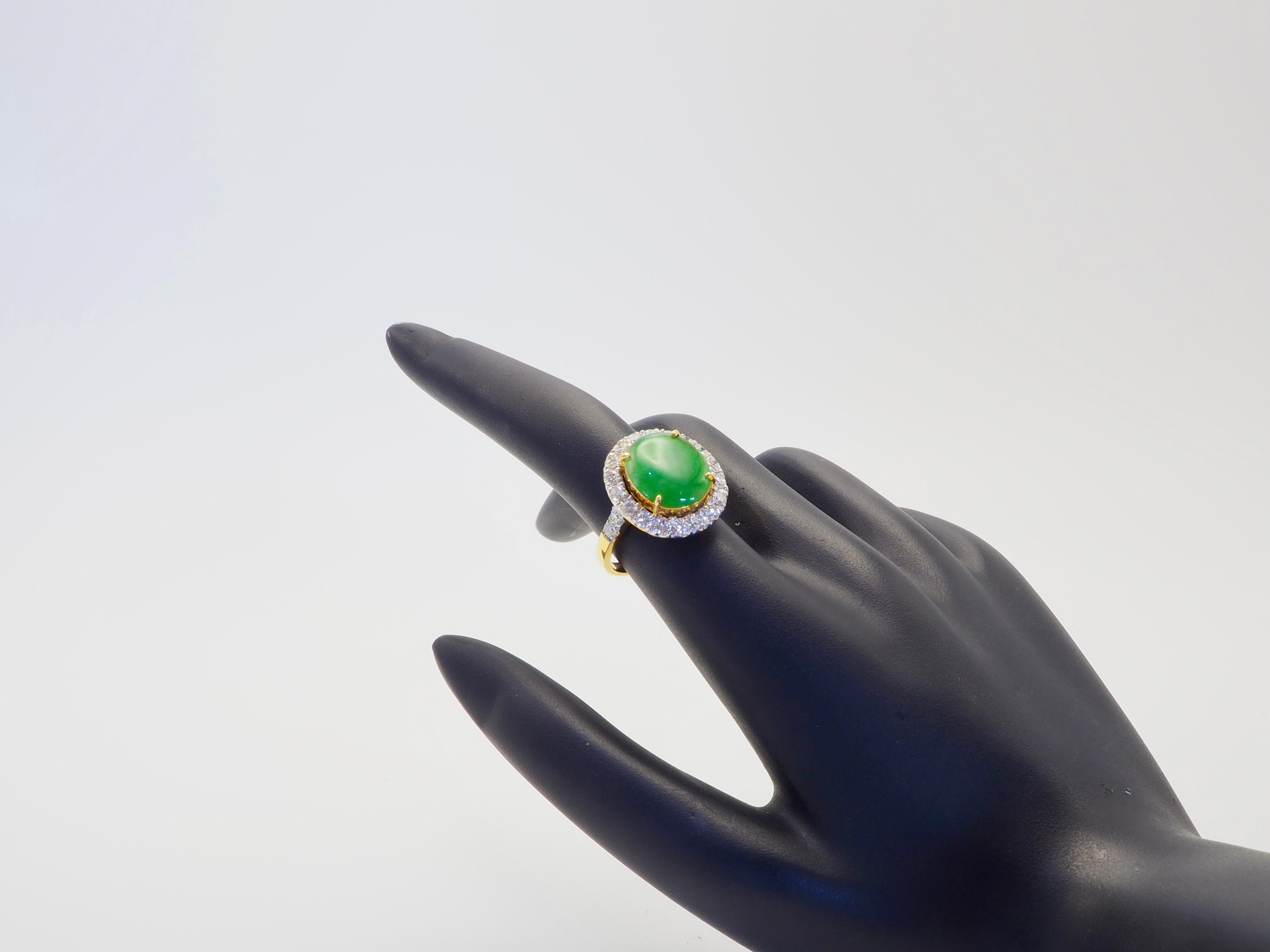 Certified 18K Gold 2.44ctw Myanmar Jadeite & 1.04ctw Diamond Halo Ring For Sale 1