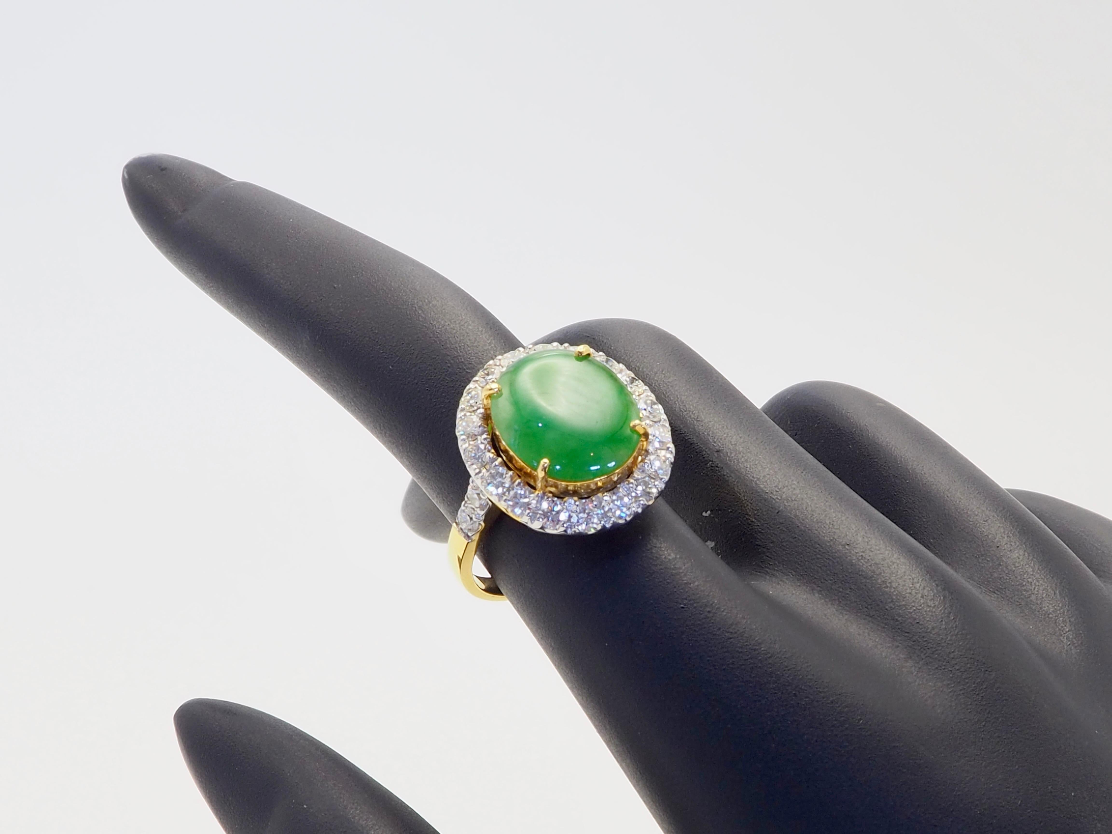 Certified 18K Gold 2.44ctw Myanmar Jadeite & 1.04ctw Diamond Halo Ring For Sale 2