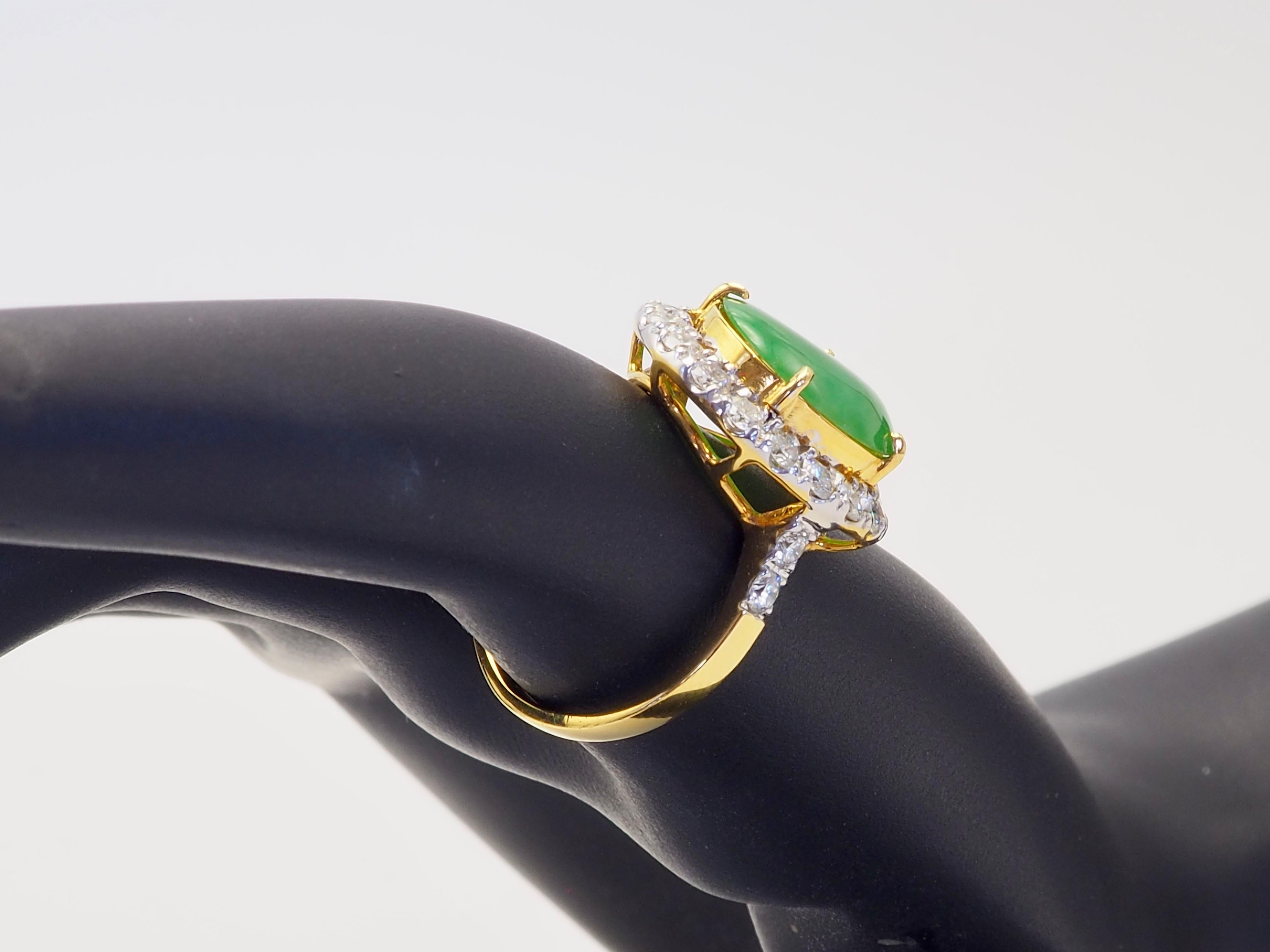 Certified 18K Gold 2.44ctw Myanmar Jadeite & 1.04ctw Diamond Halo Ring For Sale 4