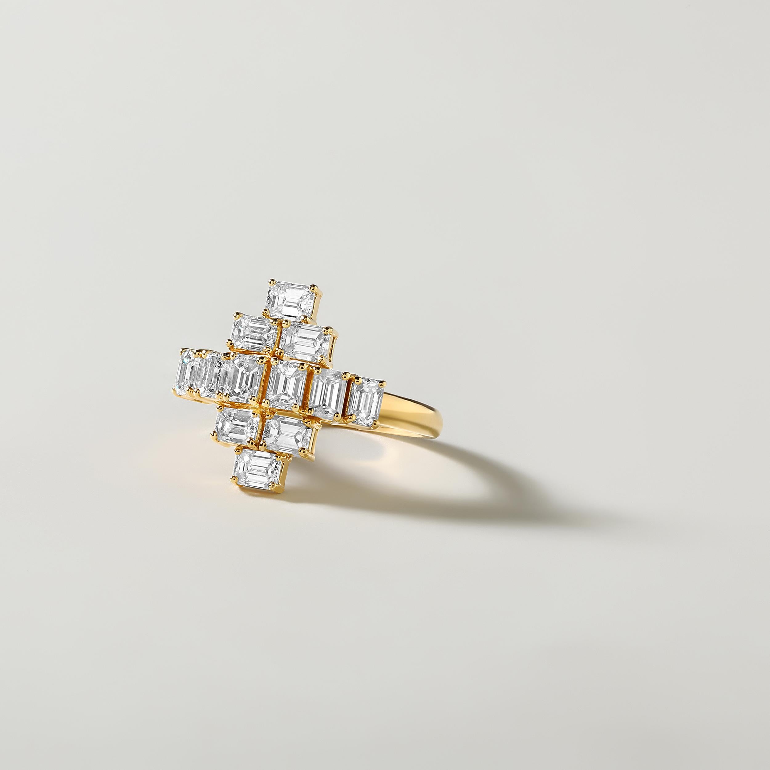 Ring Size: US 8

Crafted in 4.52 grams of 18K Yellow Gold, the ring contains 12 stones of Baguette Natural Diamonds with a total of 1.95 carat in H-I color and VS-SI clarity.

CONTEMPORARY AND TIMELESS ESSENCE: Crafted in 14-karat/18-karat with 100%