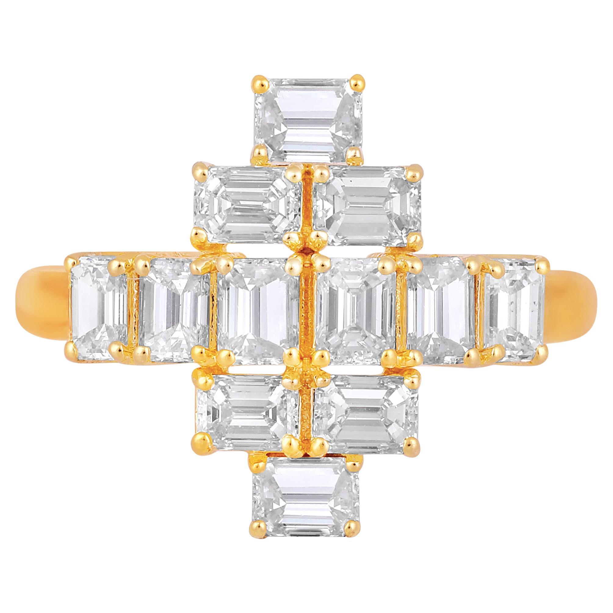 Certified 18K Gold 2ct Baguette Natural Diamond H-VS Designer Geometric Ring For Sale