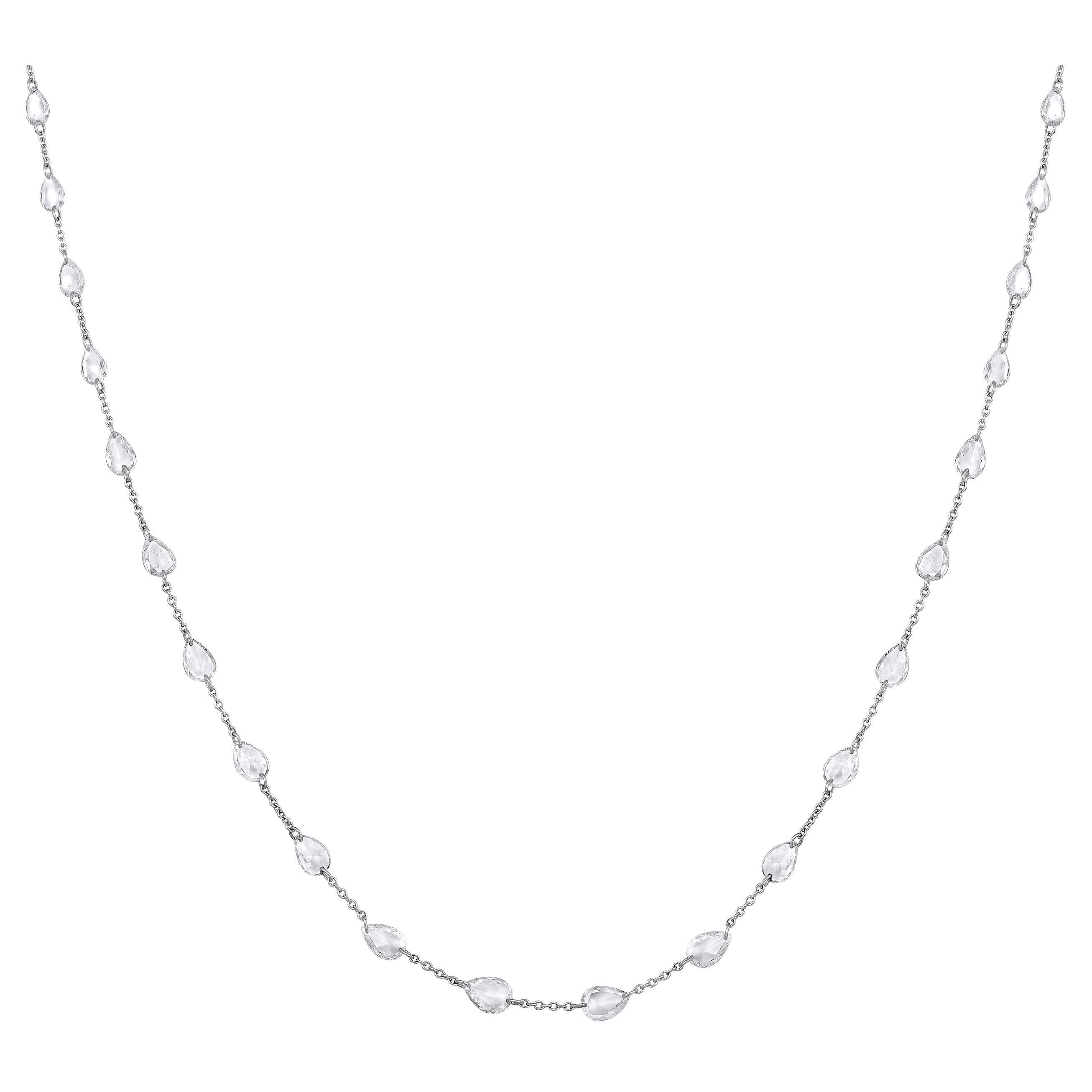 Certified 18K Gold 3.5ct Natural Diamond E-VVS Rose-Cut Pear Tennis Necklace For Sale