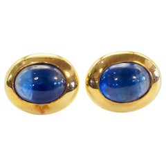 Certified 18K Gold 3ct Thai Cabochon Sapphires Fine Vintage Bezel Stud Earrings